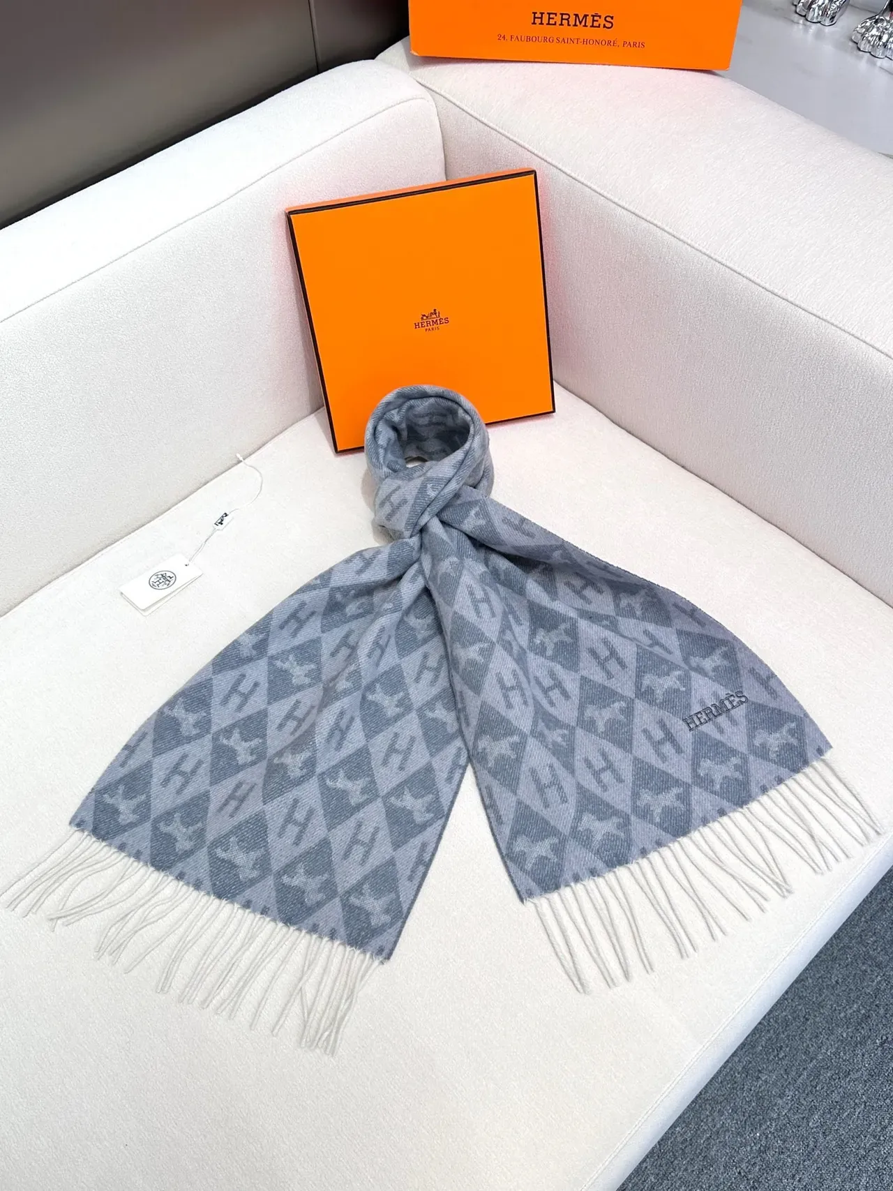 Hermès Monogram-Print Gray and Cream Cashmere Scarf 8