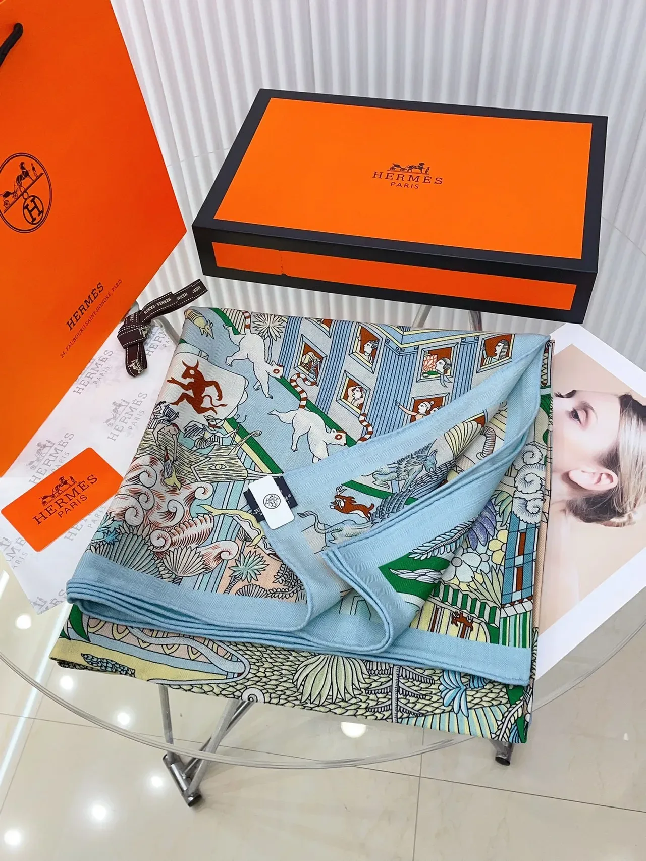 Hermès Narrative Print Light Blue Multicolor Silk Scarf 5