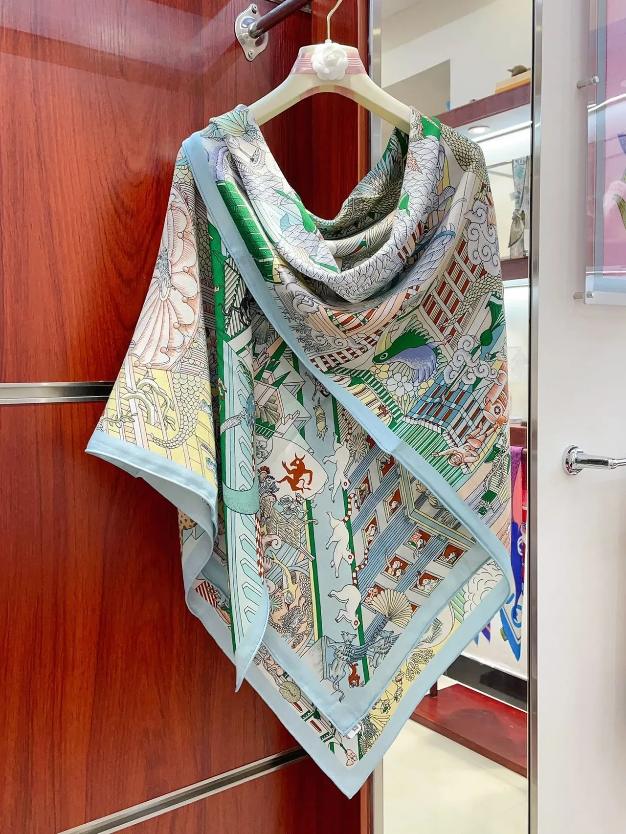 Hermès Narrative Print Light Blue Multicolor Silk Scarf 8