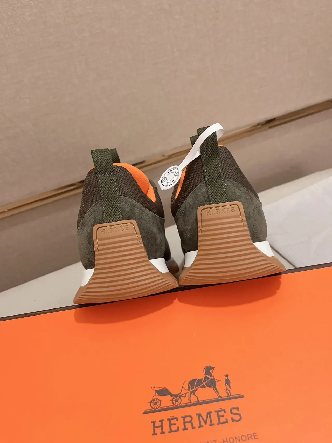 Hermès Olive and Orange Suede-Mesh Lifestyle Sneaker 2