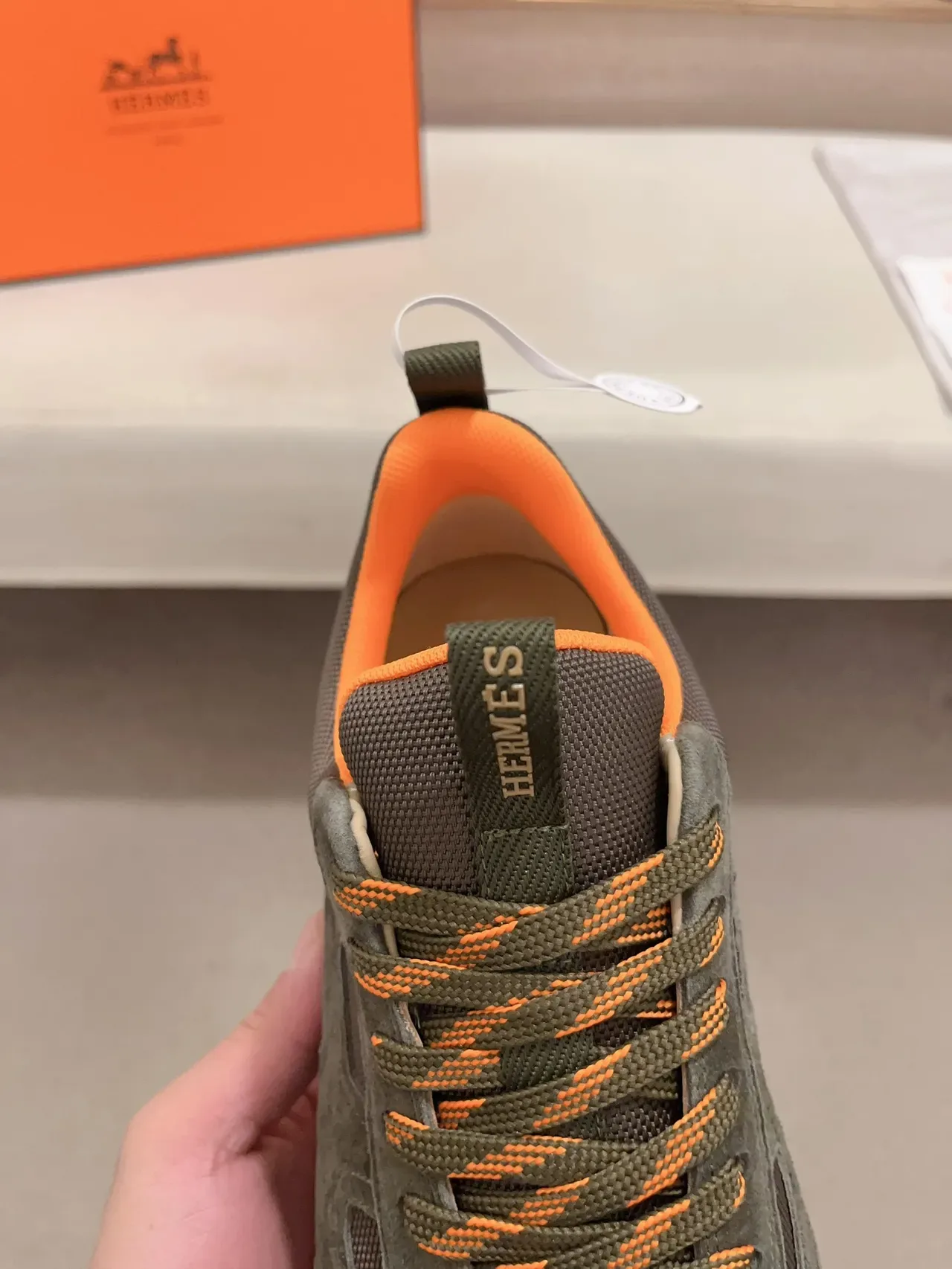 Hermès Olive and Orange Suede-Mesh Lifestyle Sneaker 3