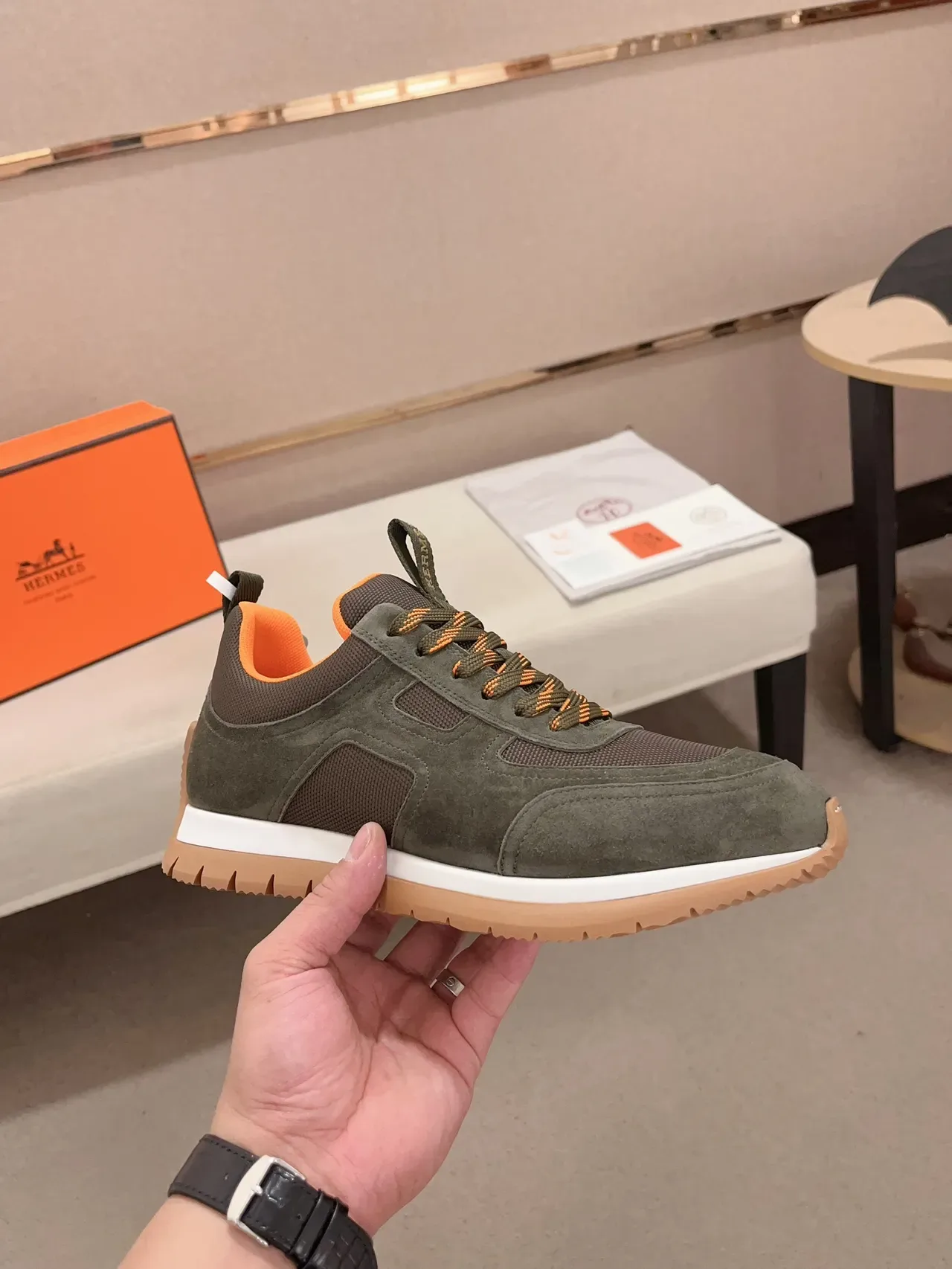 Hermès Olive and Orange Suede-Mesh Lifestyle Sneaker 4
