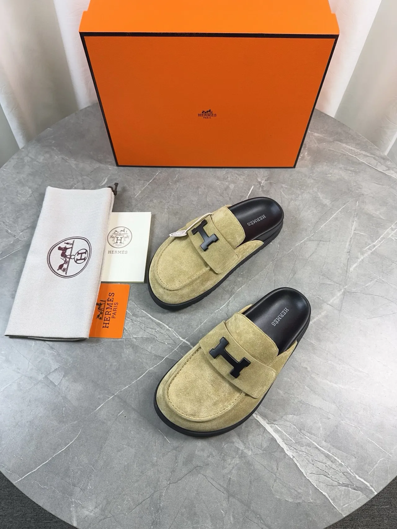 Hermès Oran Beige Black Suede Upper H-Logo Strap Loafer 4