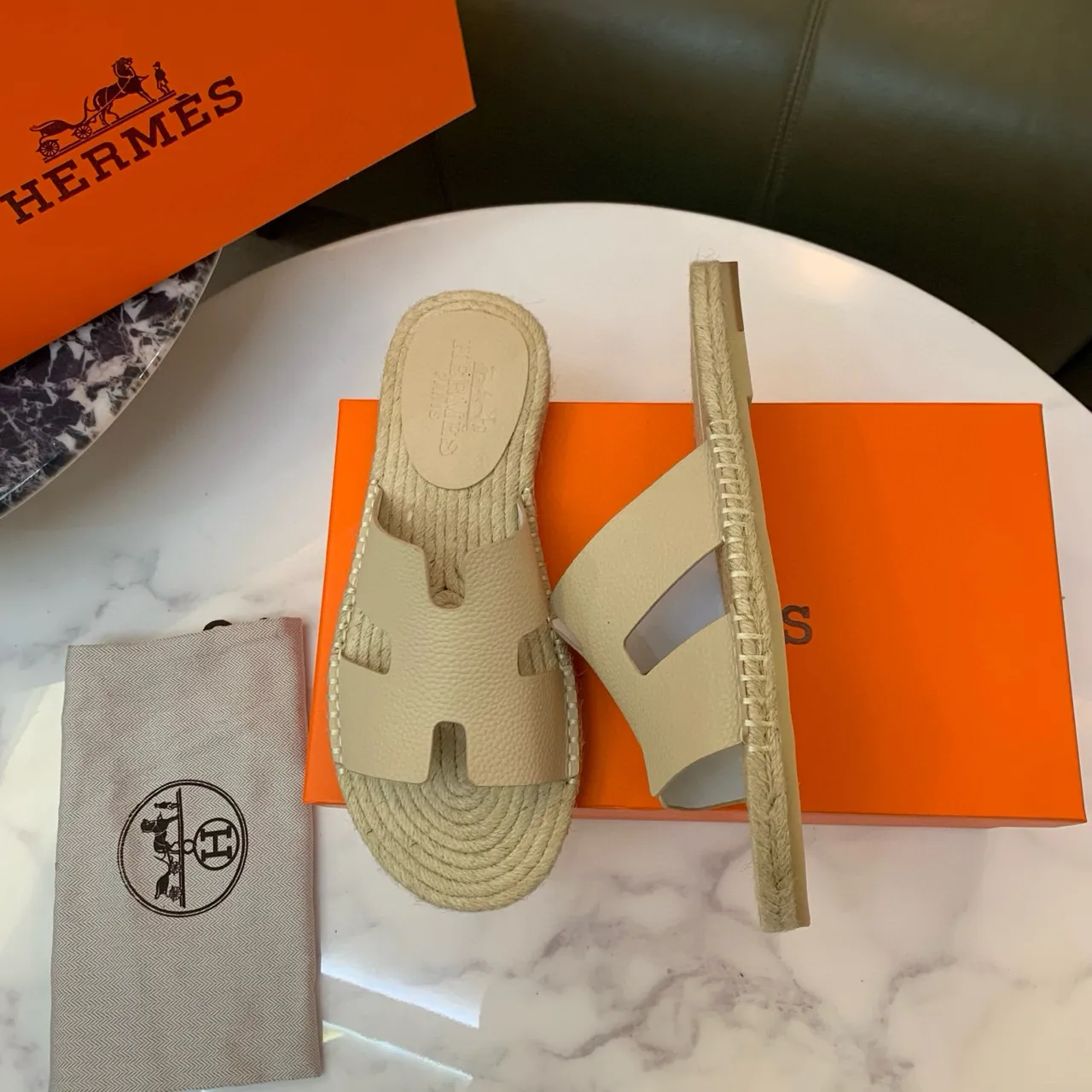 Hermès Oran Beige Leather H-Strap Espadrille Slippers 2