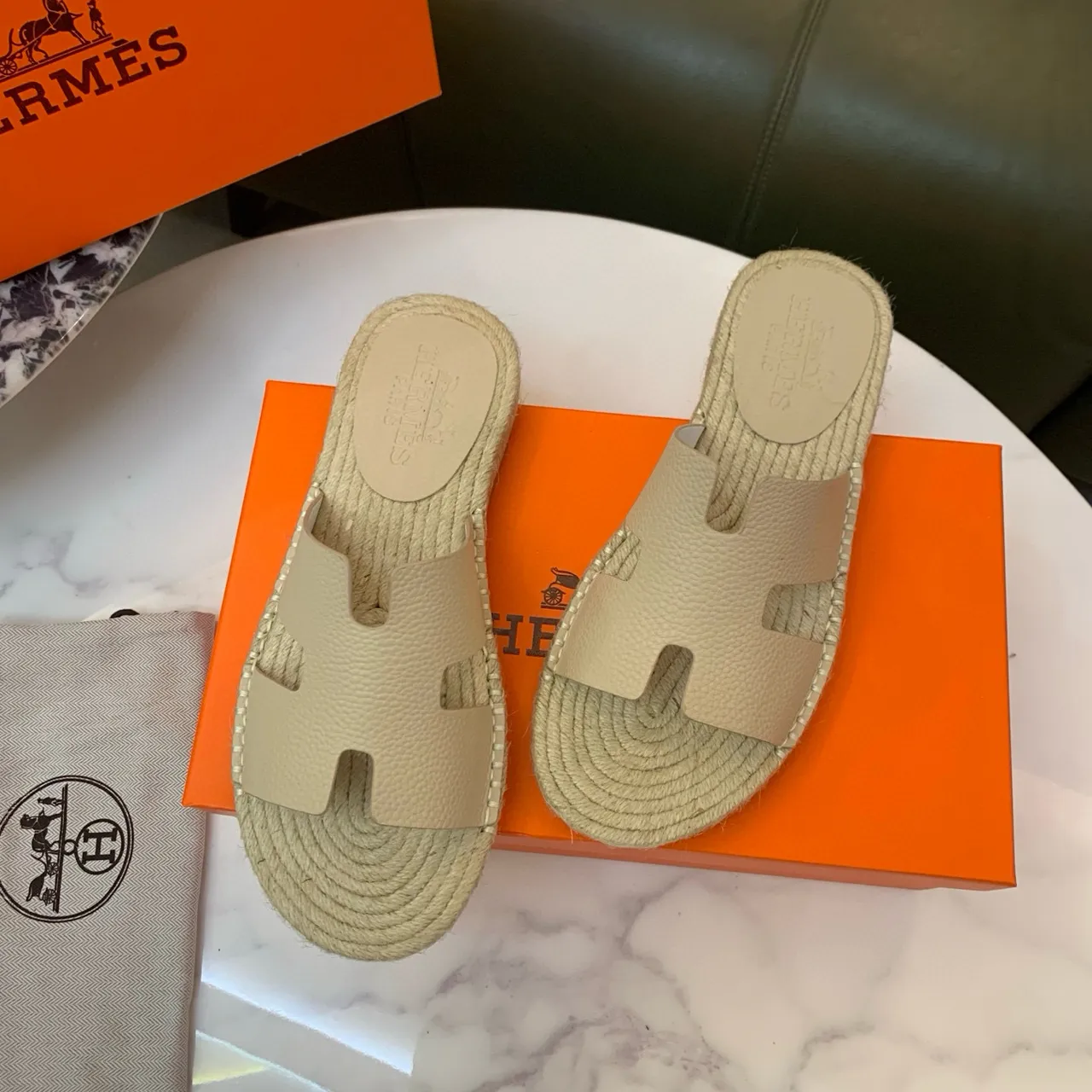 Hermès Oran Beige Leather H-Strap Espadrille Slippers 3