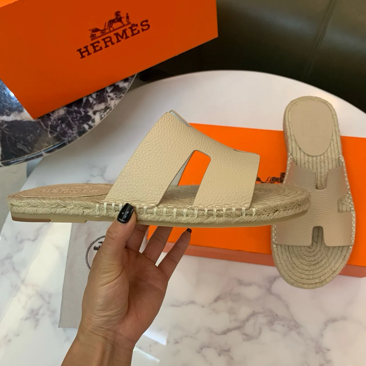 Hermès Oran Beige Leather H-Strap Espadrille Slippers 4