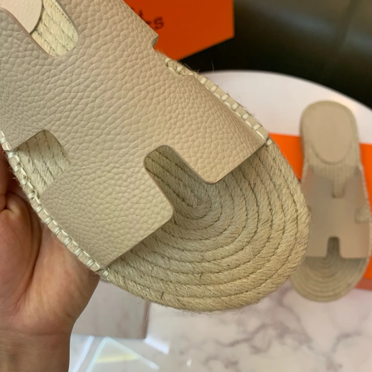 Hermès Oran Beige Leather H-Strap Espadrille Slippers 5