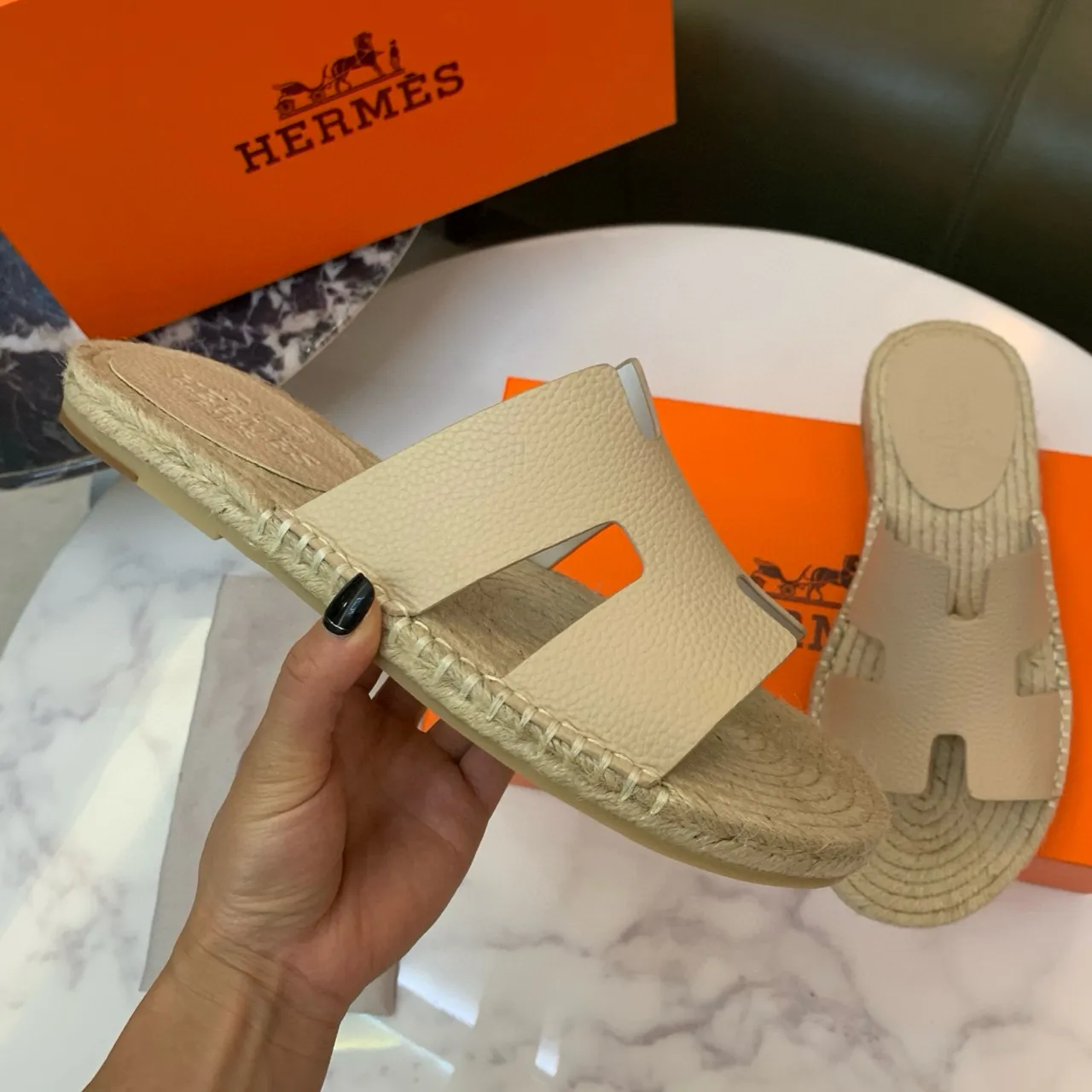 Hermès Oran Beige Leather H-Strap Espadrille Slippers 6
