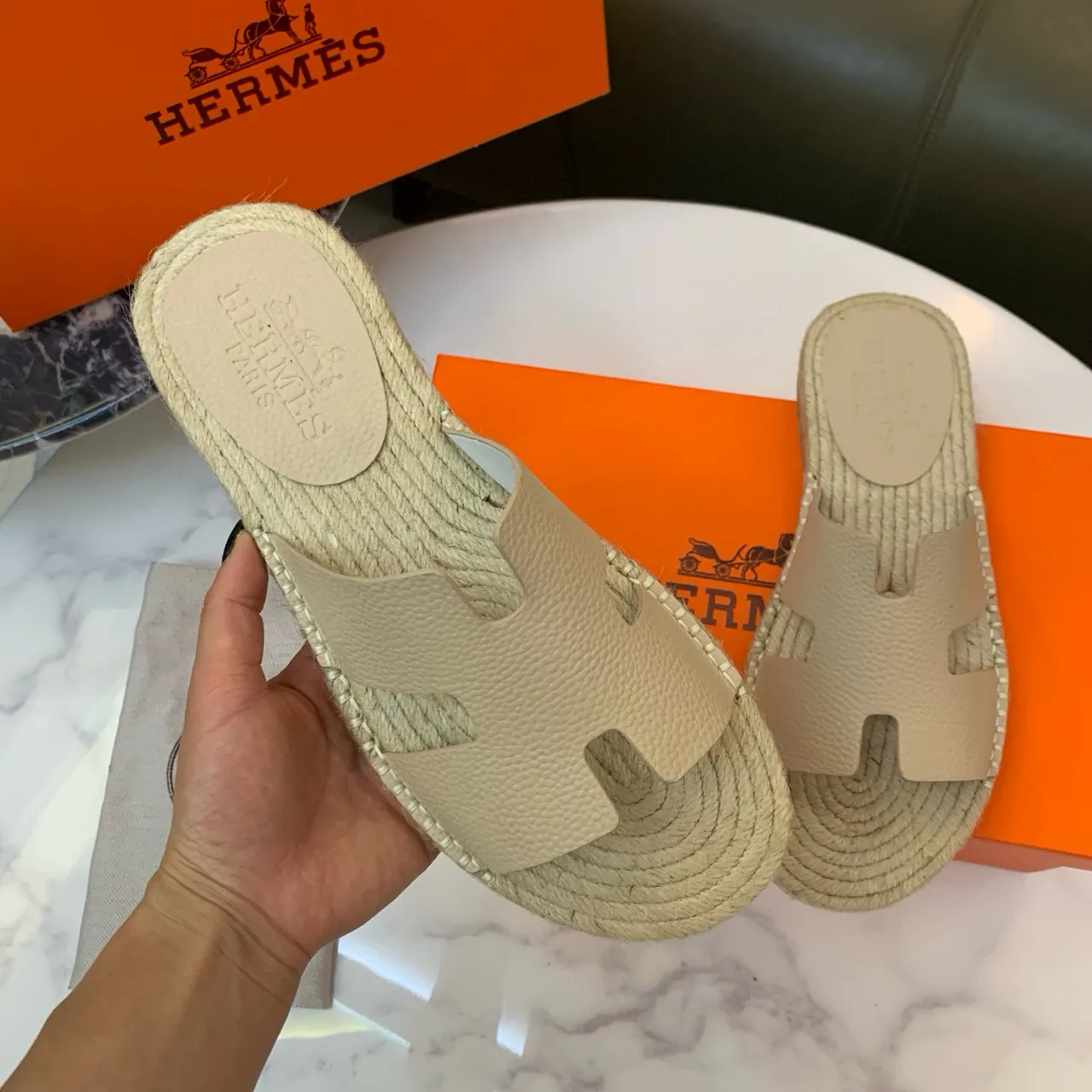 Hermès Oran Beige Leather H-Strap Espadrille Slippers 7