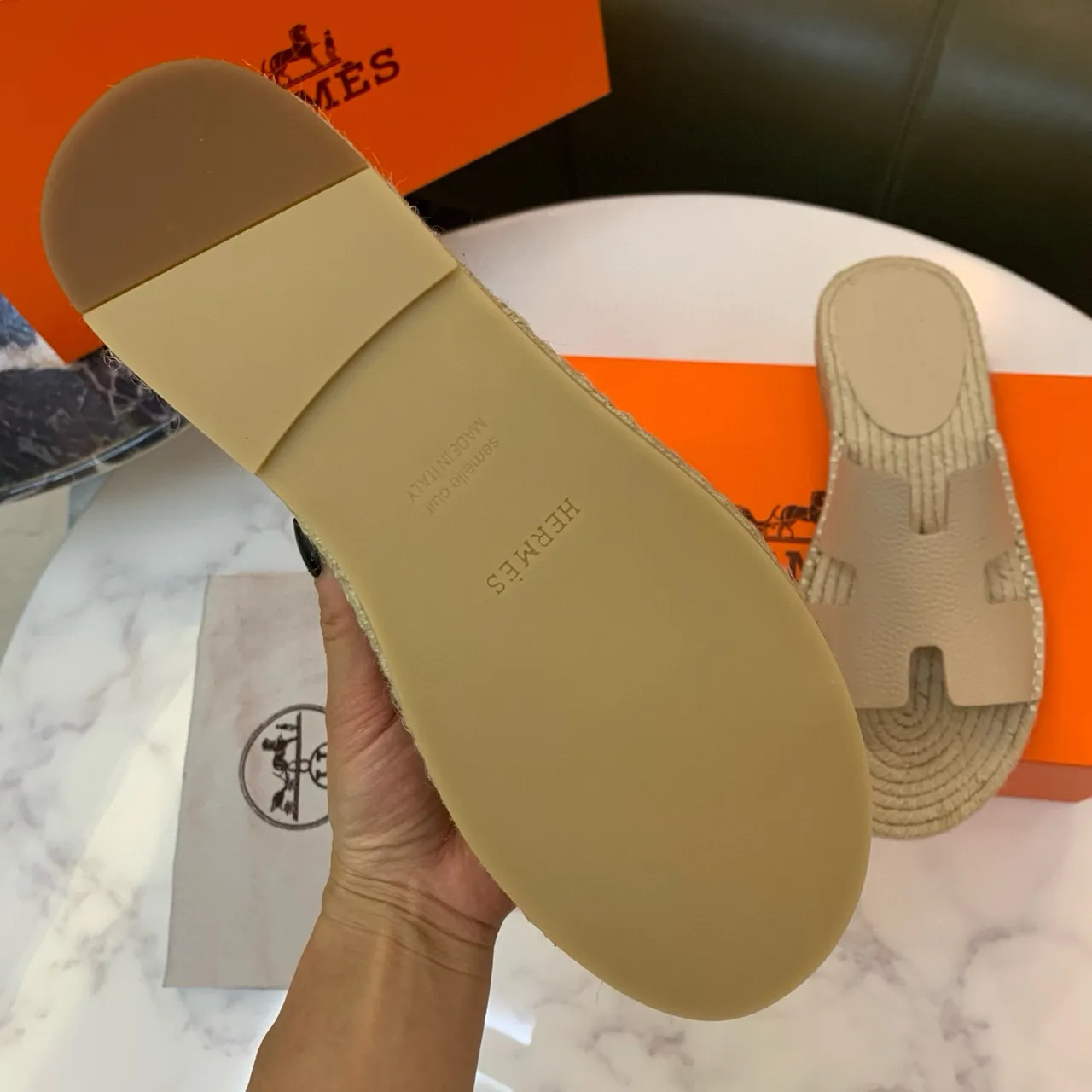 Hermès Oran Beige Leather H-Strap Espadrille Slippers 8