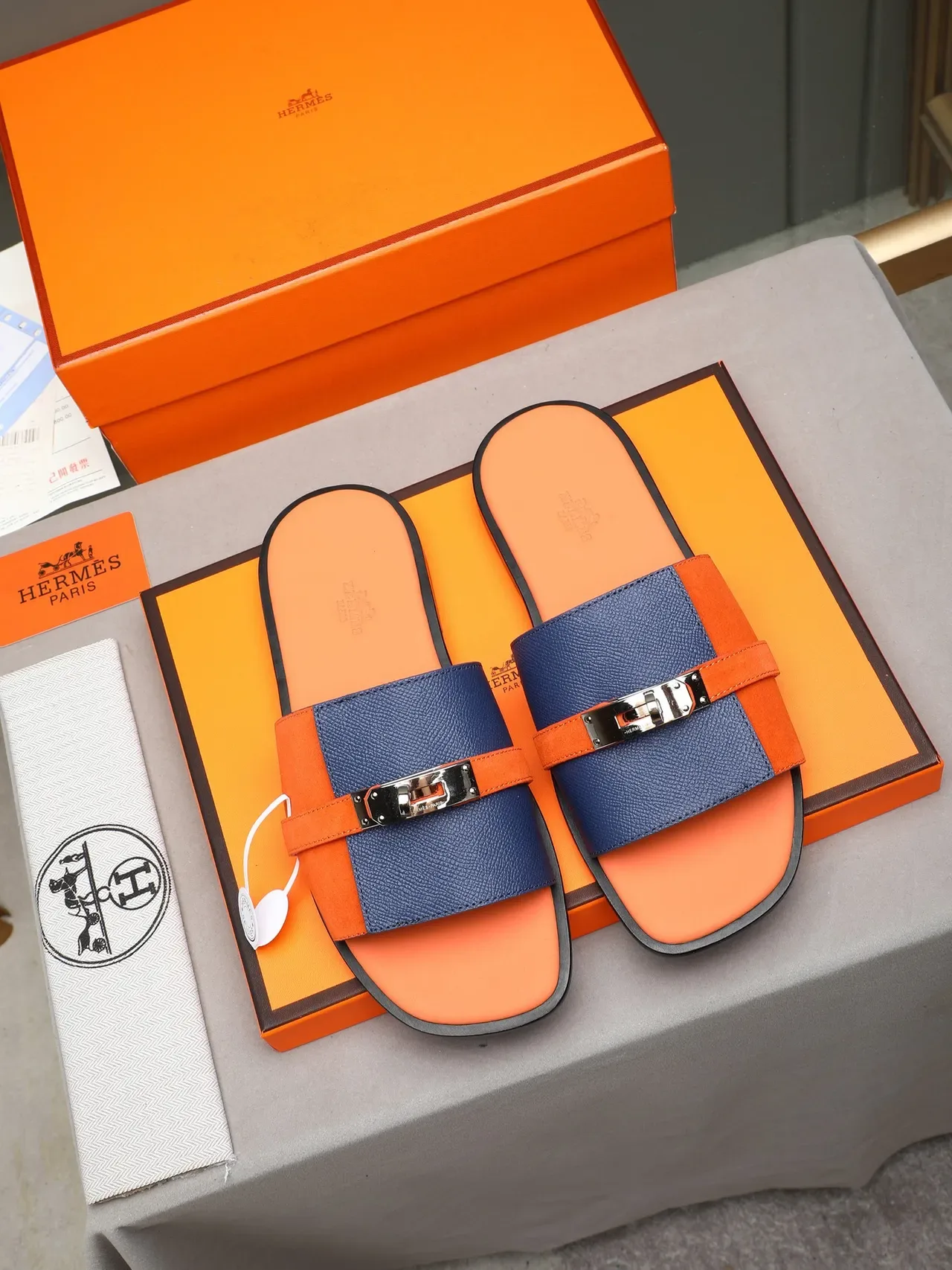 Hermès Oran Black Orange Flat Slide Metal H-Toggle Hardware Slippers 3