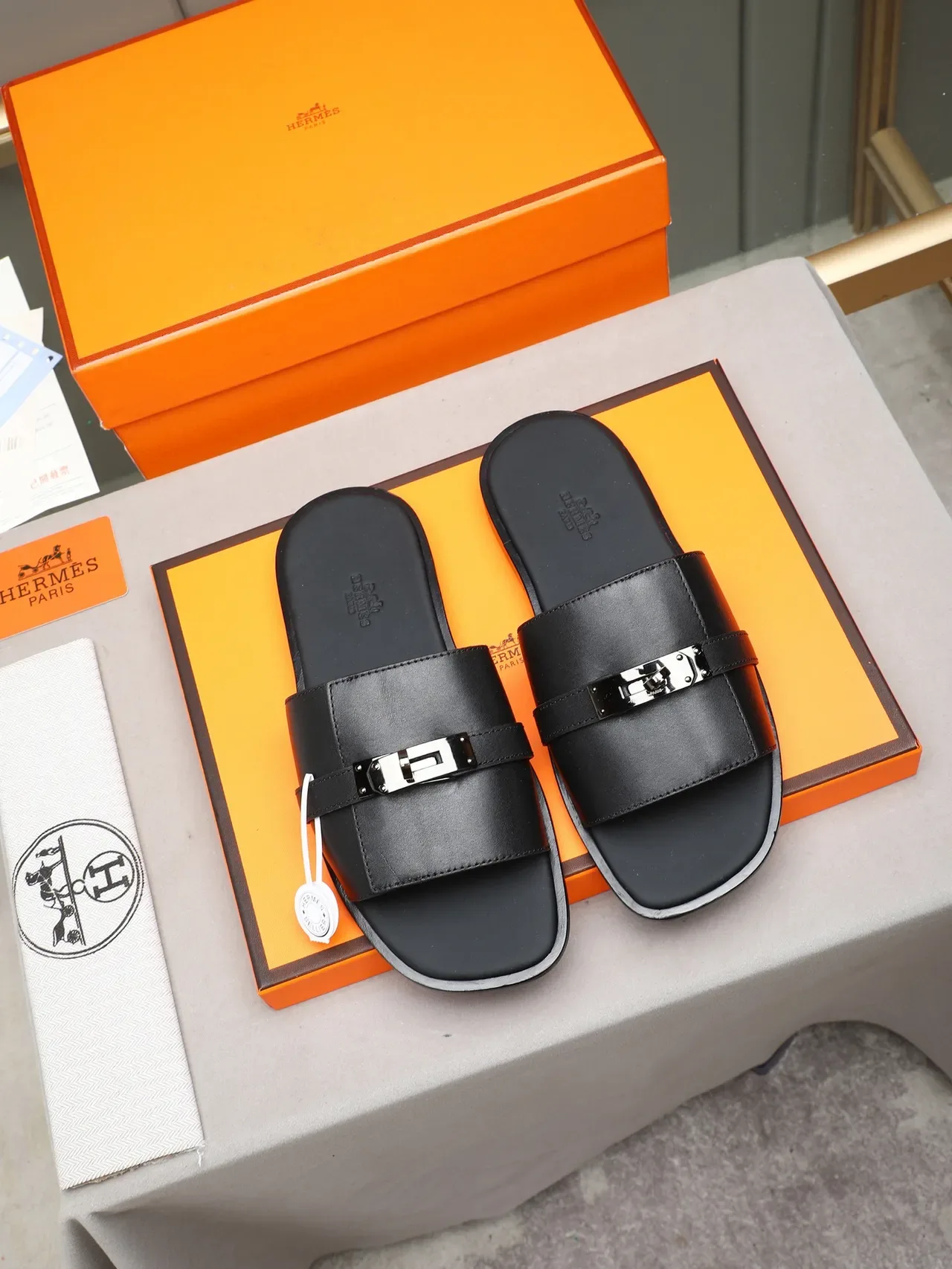 Hermès Oran Black Orange Flat Slide Metal H-Toggle Hardware Slippers 4