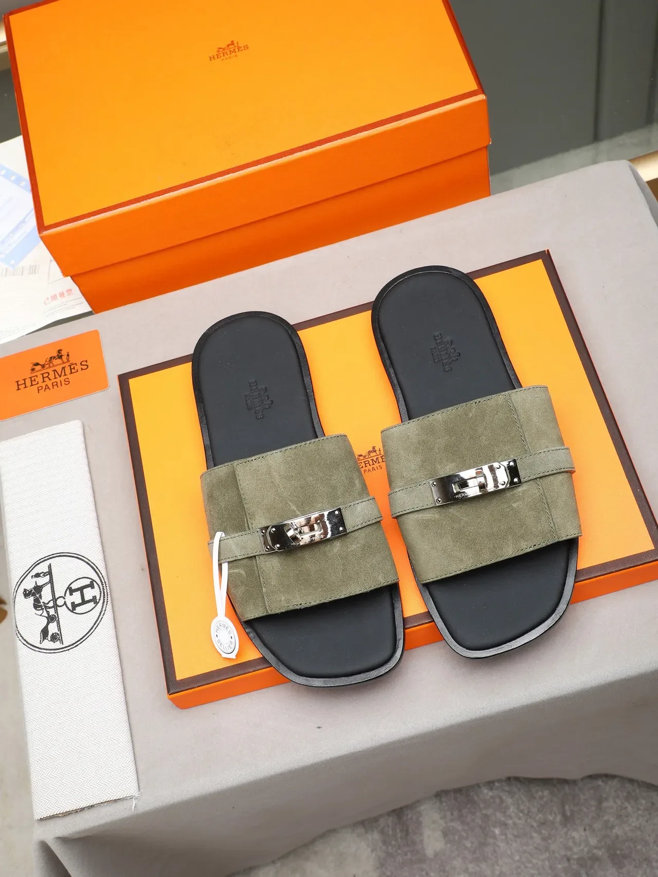 Hermès Oran Black Orange Flat Slide Metal H-Toggle Hardware Slippers 5