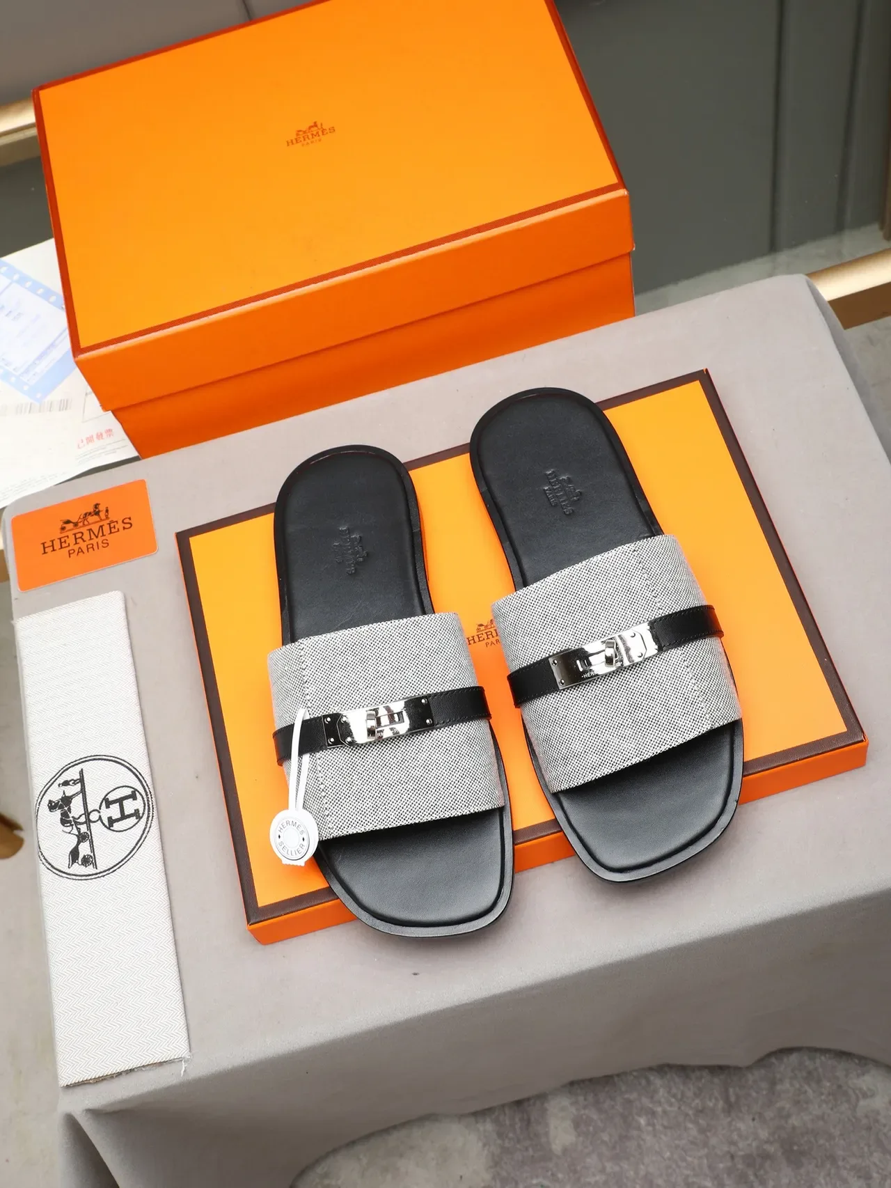 Hermès Oran Black Orange Flat Slide Metal H-Toggle Hardware Slippers 6