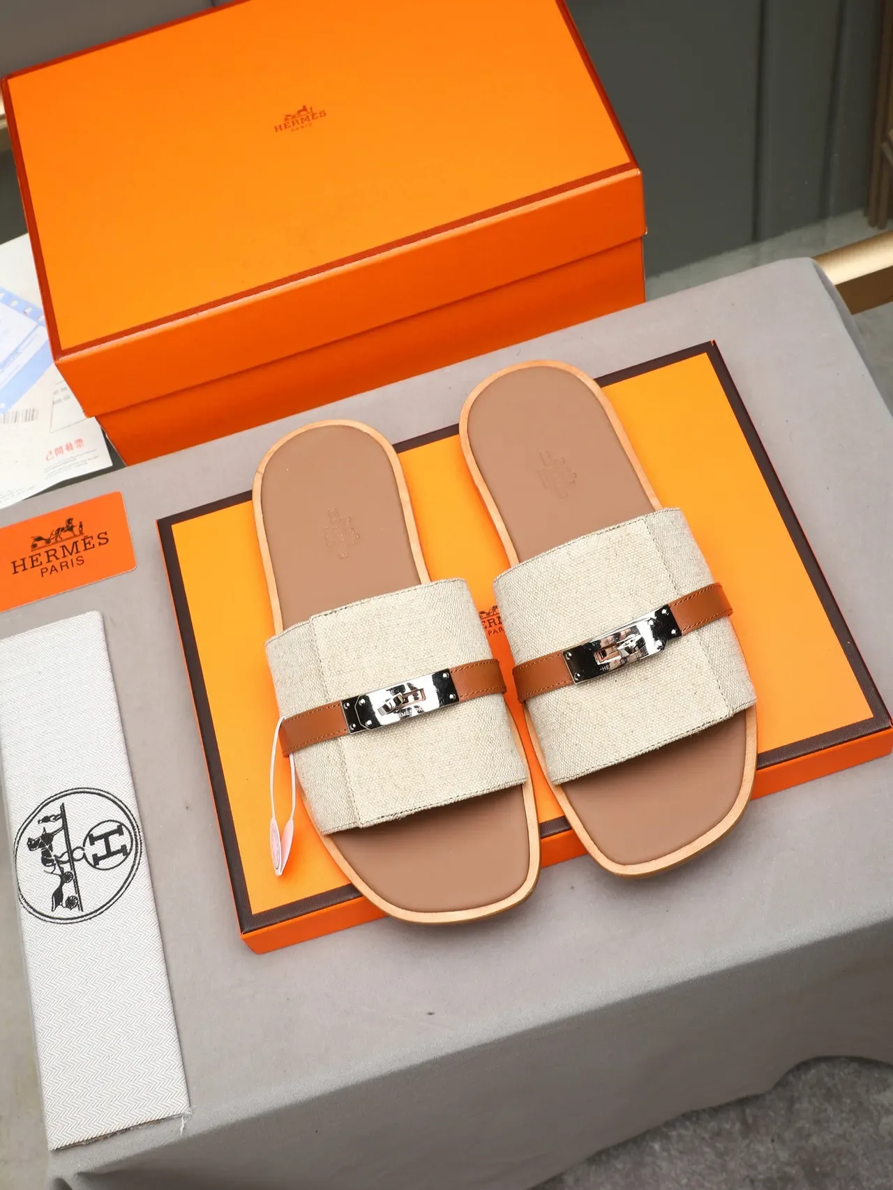 Hermès Oran Black Orange Flat Slide Metal H-Toggle Hardware Slippers 7