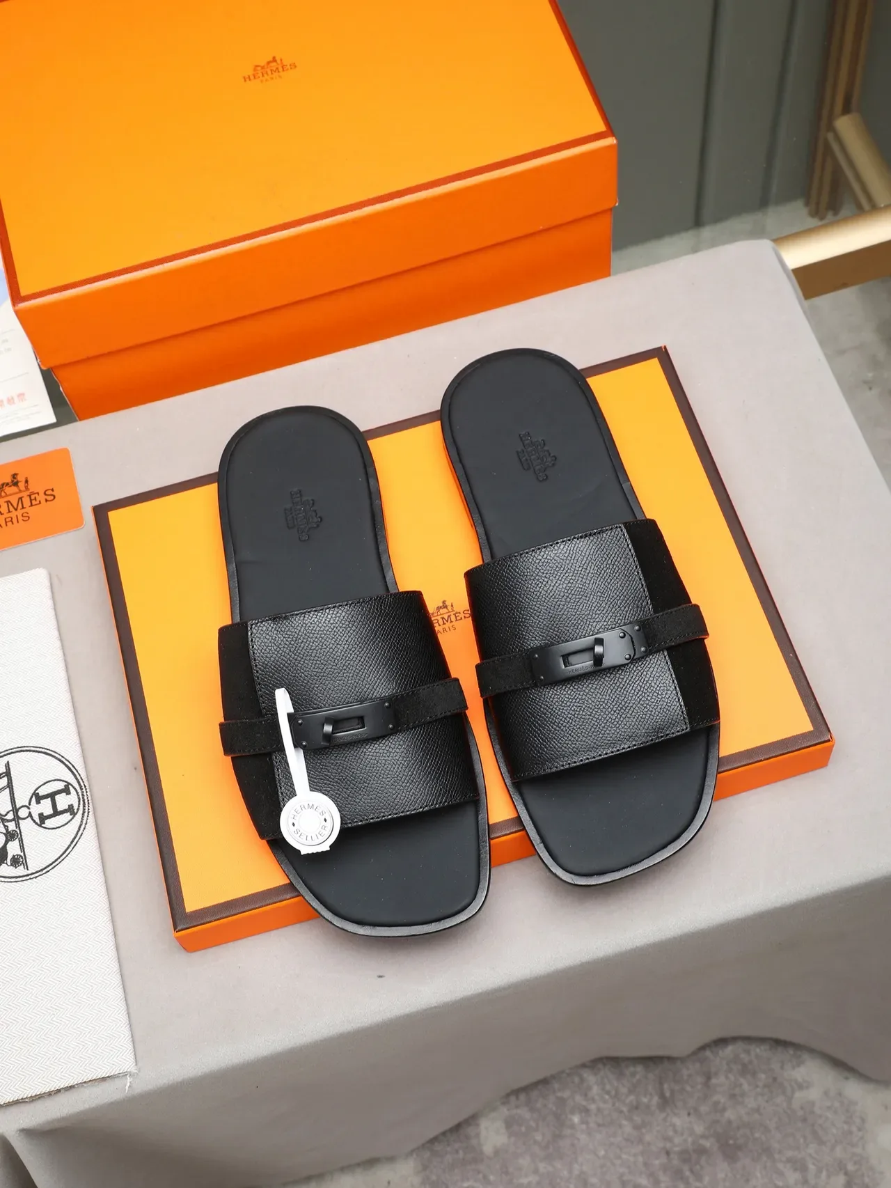 Hermès Oran Black Orange Flat Slide Metal H-Toggle Hardware Slippers 8