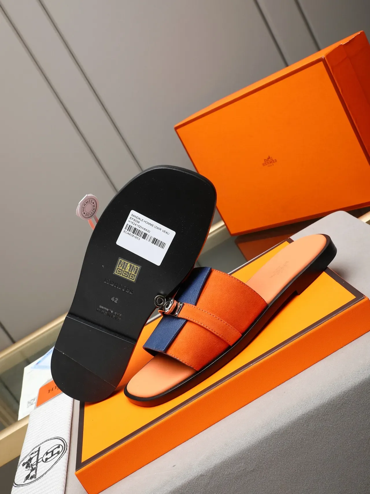 Hermès Oran Black Orange Flat Slide Metal H-Toggle Hardware Slippers 9