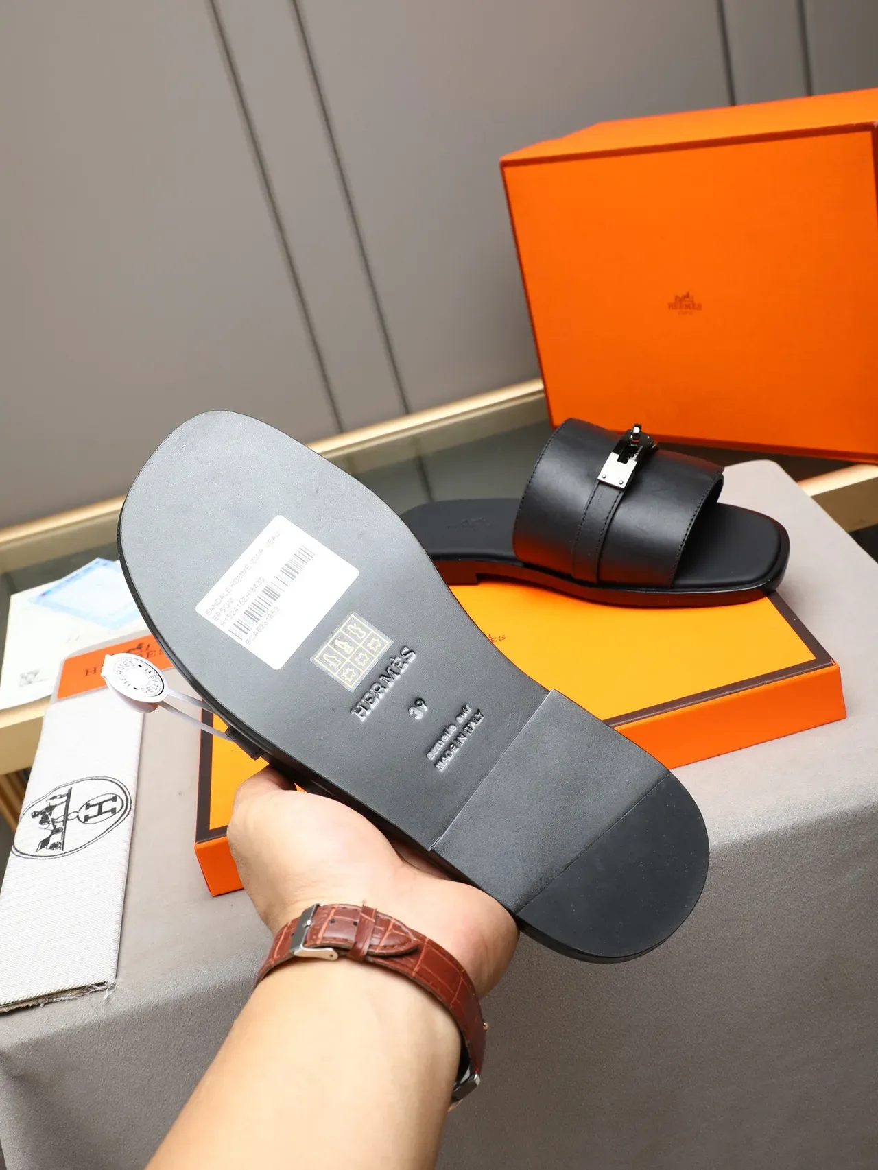 Hermès Oran Black Orange Flat Slide Metal H-Toggle Hardware Slippers 10