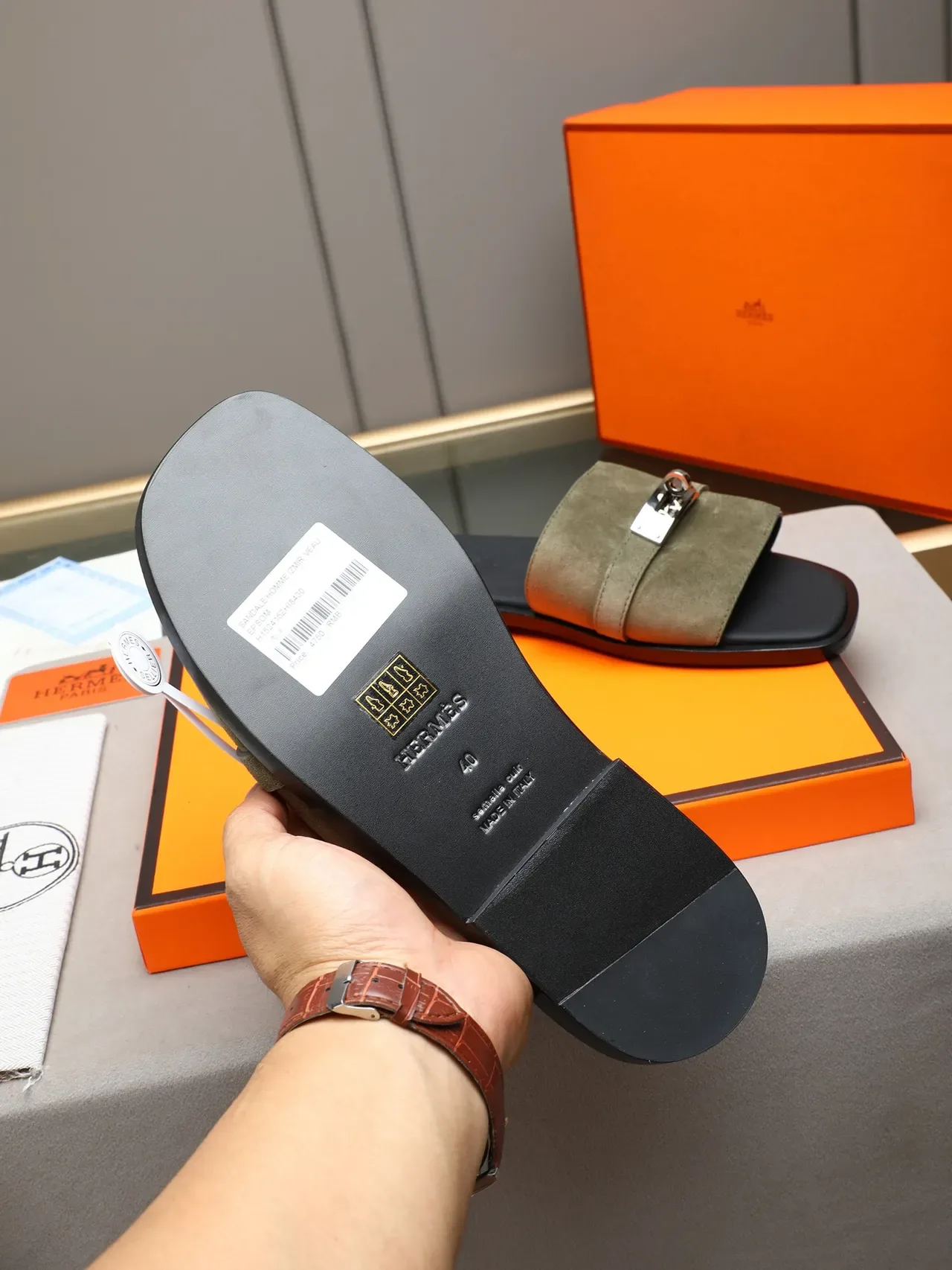 Hermès Oran Black Orange Flat Slide Metal H-Toggle Hardware Slippers 11