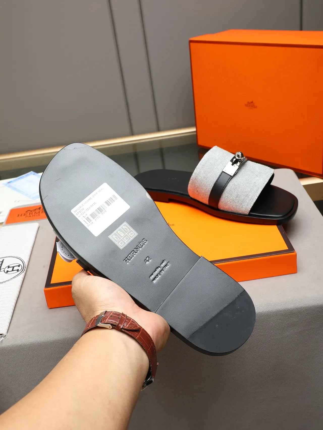Hermès Oran Black Orange Flat Slide Metal H-Toggle Hardware Slippers 12