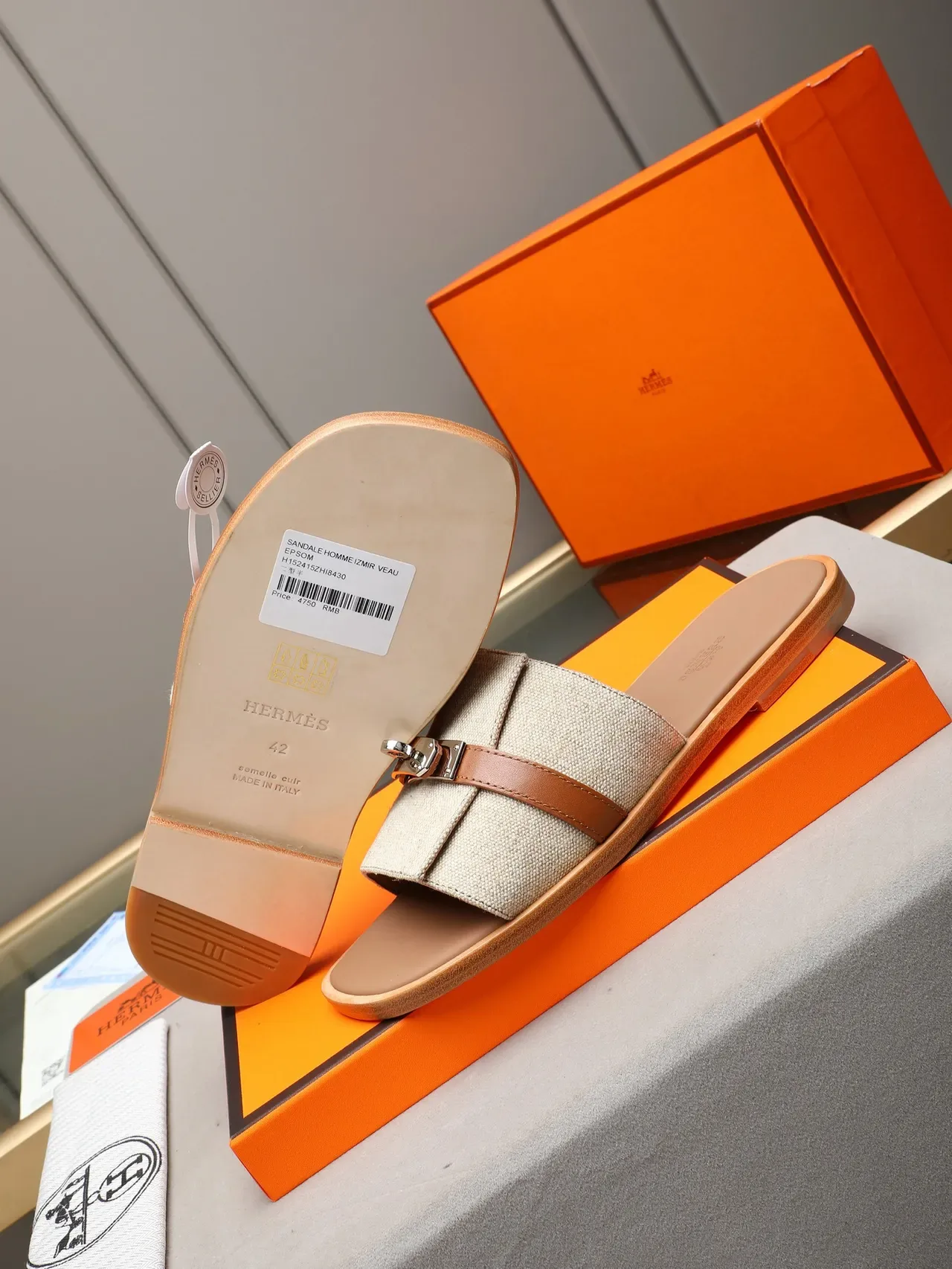 Hermès Oran Black Orange Flat Slide Metal H-Toggle Hardware Slippers 13