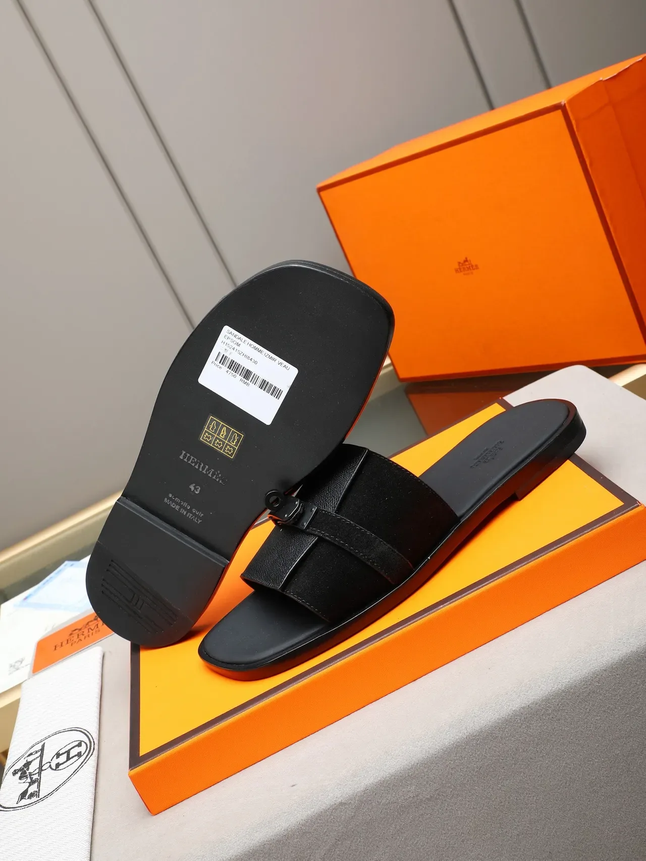 Hermès Oran Black Orange Flat Slide Metal H-Toggle Hardware Slippers 14