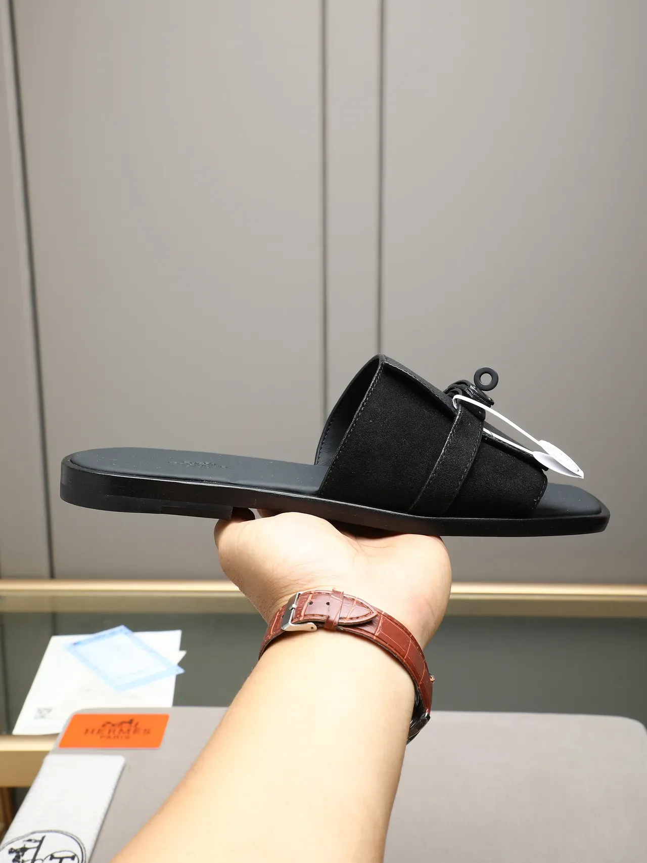 Hermès Oran Black Orange Flat Slide Metal H-Toggle Hardware Slippers 20