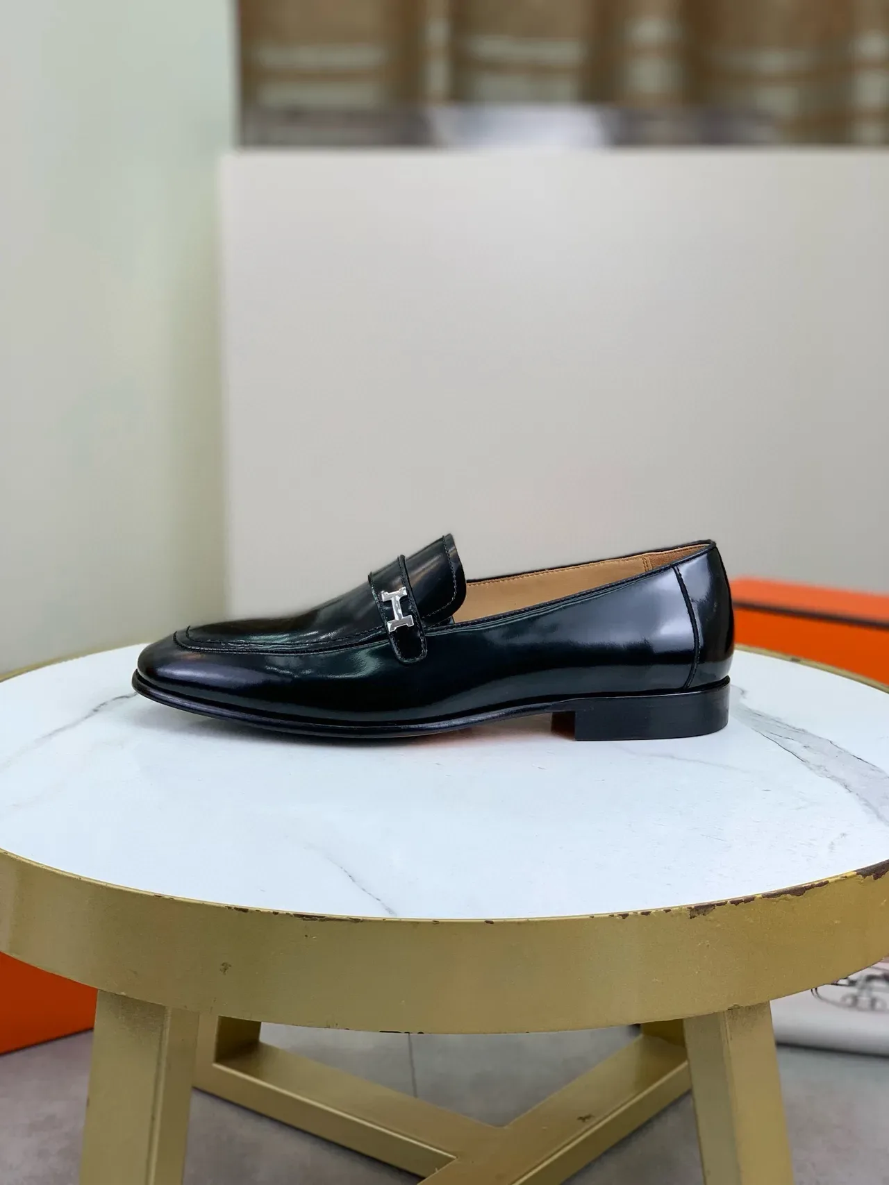Hermès Oran Black Patent Leather H-Buckle Loafers 6