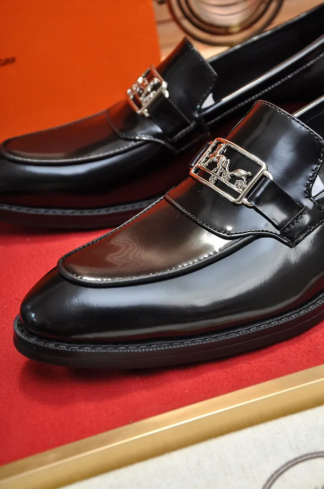 Hermès Oran Black Polished Leather Buckle Loafers 3