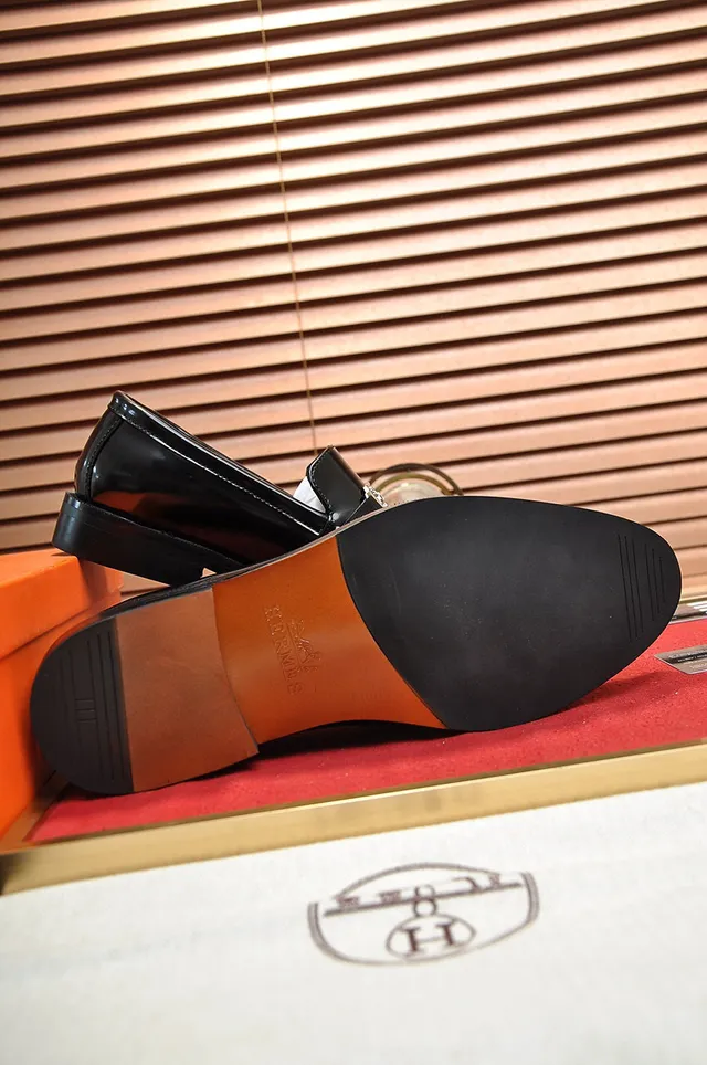 Hermès Oran Black Polished Leather Buckle Loafers 4