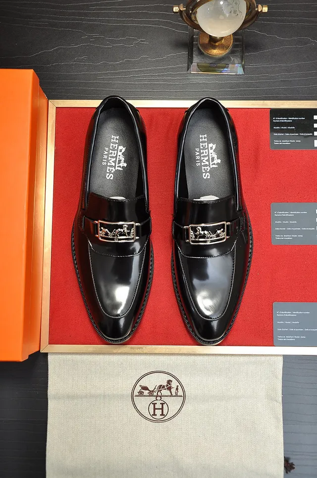Hermès Oran Black Polished Leather Buckle Loafers 9
