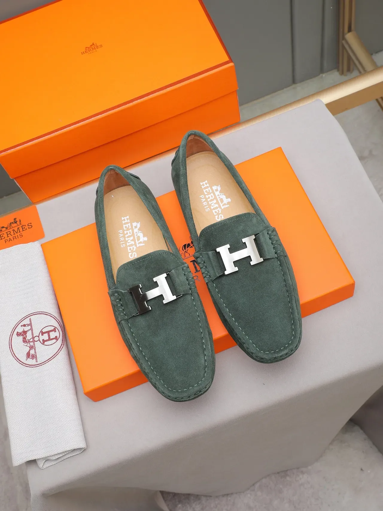 Hermès Oran हरा चमड़ा H-Buckle लोफर 2