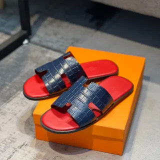 Hermès Oran Navy Croc-Embossed লাল ইনসোল স্লিপার্স