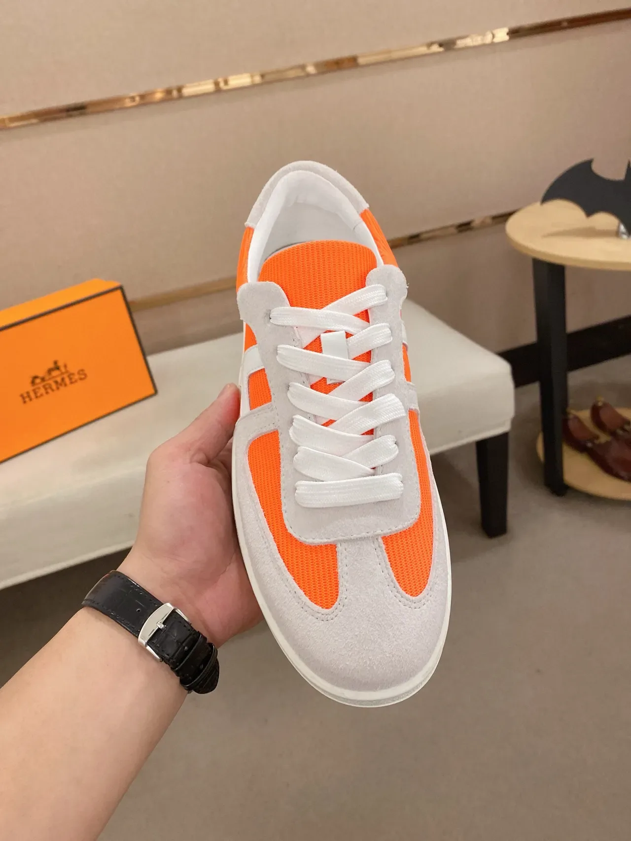 Hermès Orange Gray Low-Top Suede And Mesh Upper Lifestyle Sneakers 2