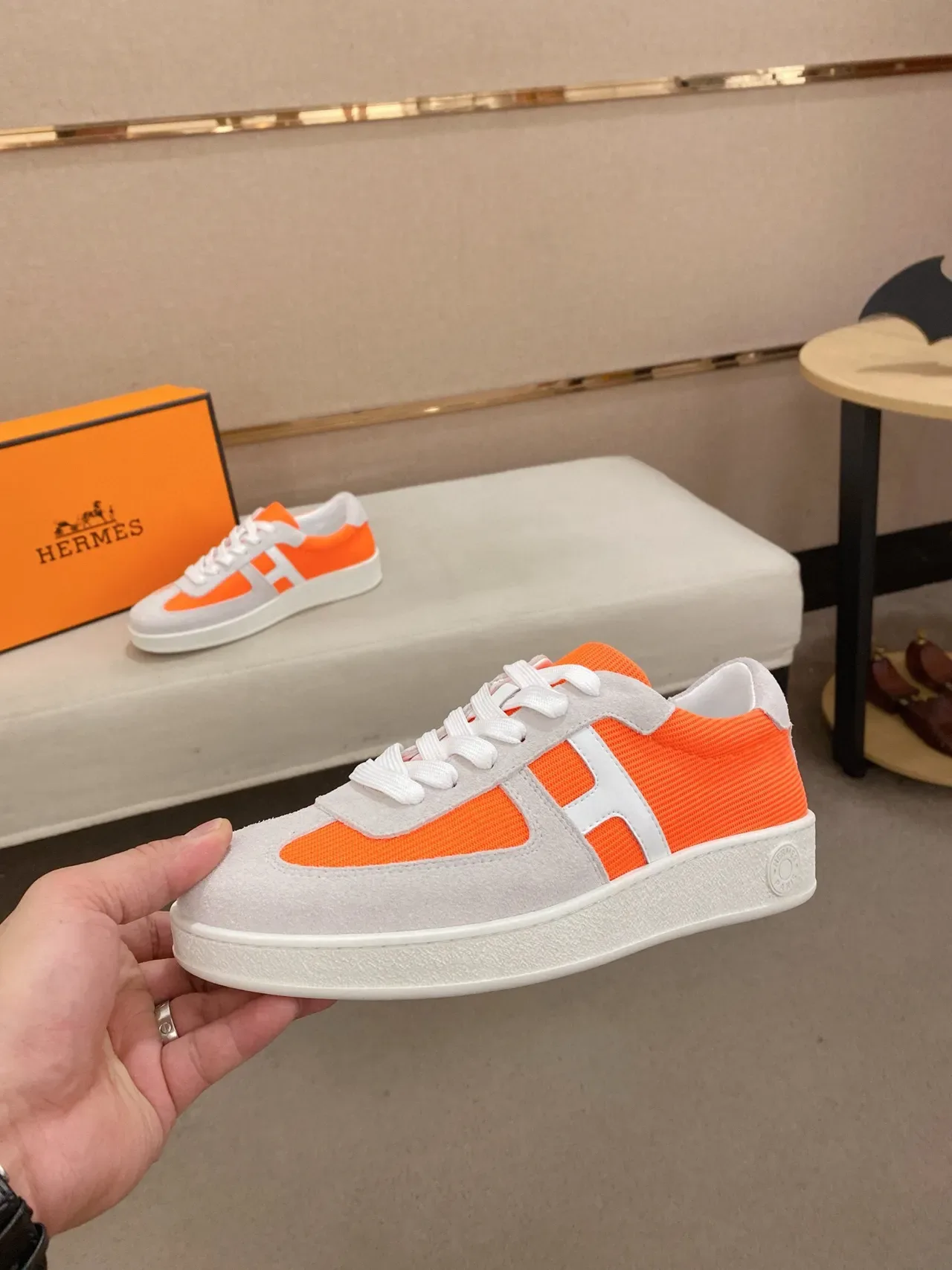 Hermès Orange Gray Low-Top Suede And Mesh Upper Lifestyle Sneakers 3