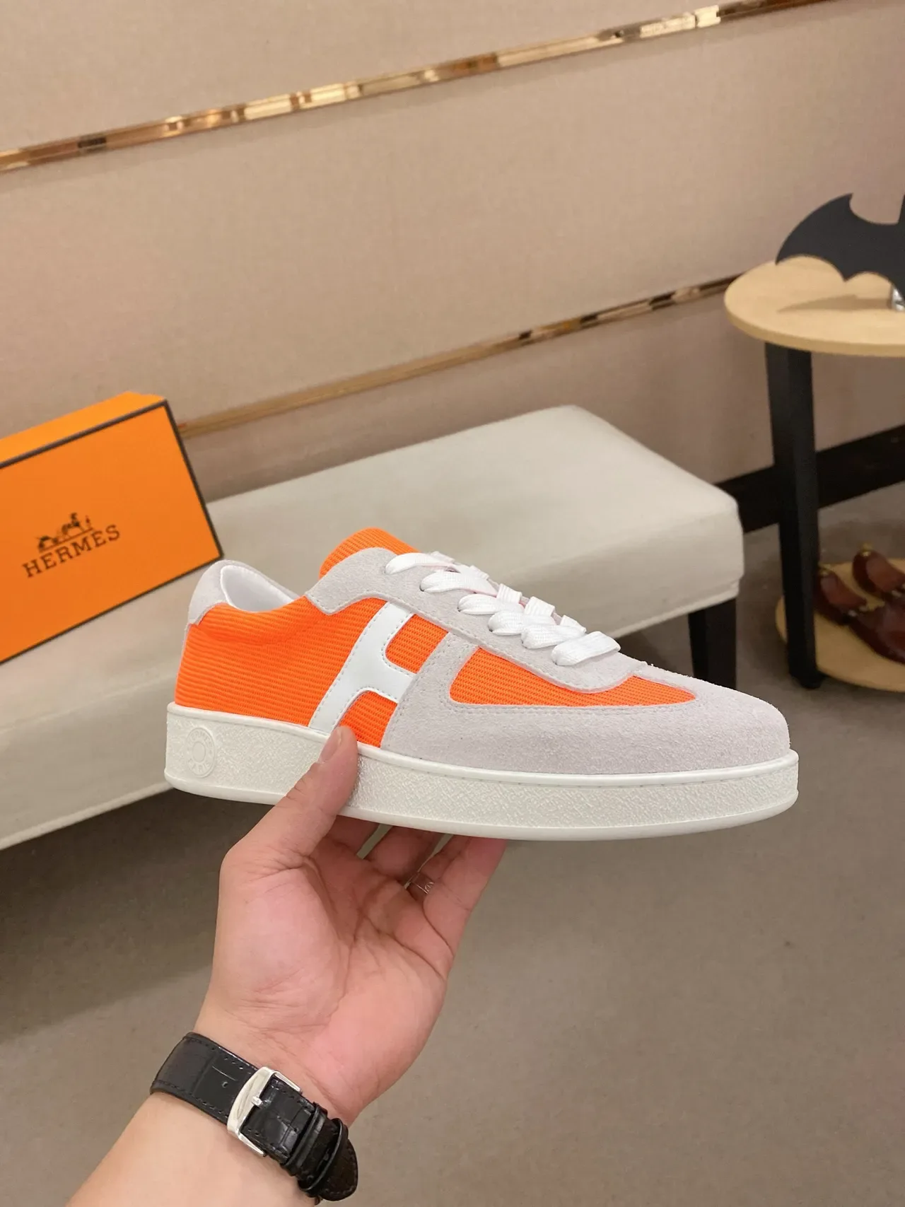 Hermès Orange Gray Low-Top Suede And Mesh Upper Lifestyle Sneakers 4