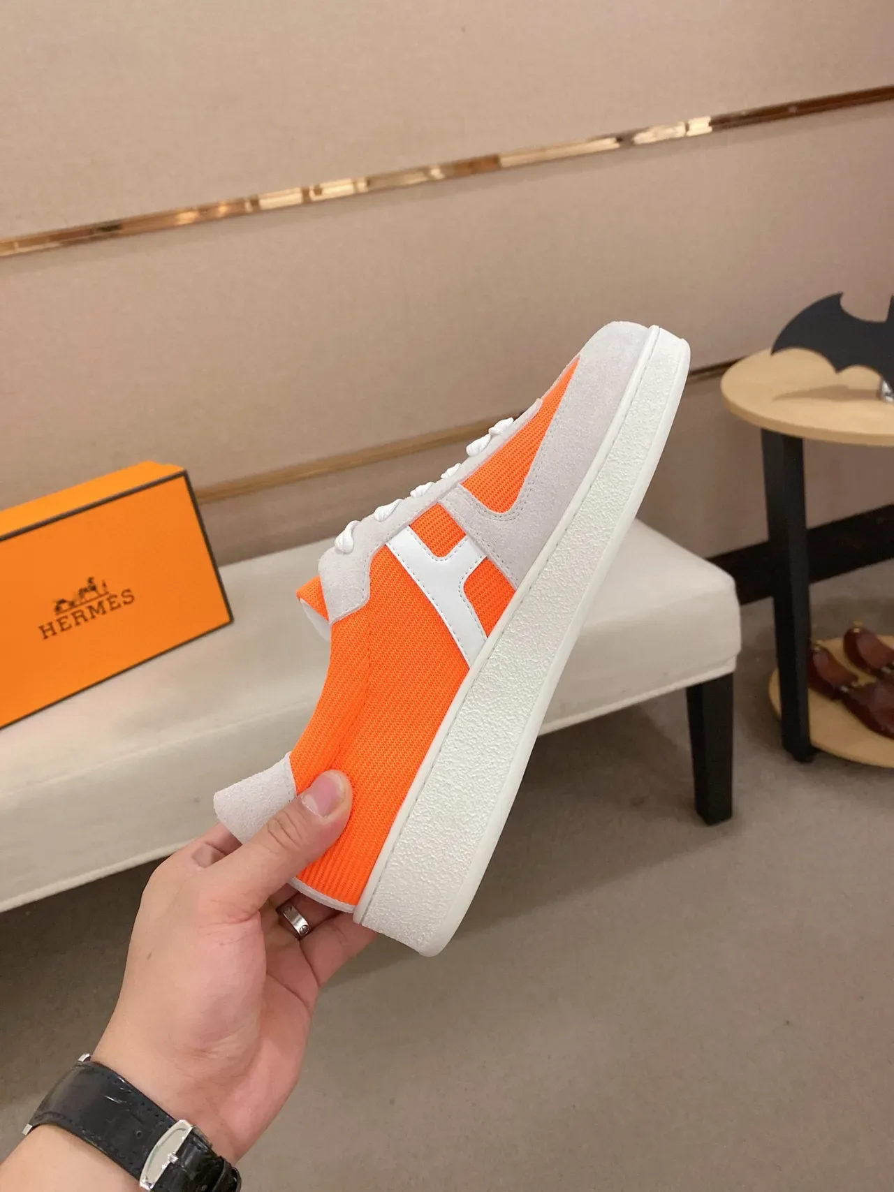 Hermès Orange Gray Low-Top Suede And Mesh Upper Lifestyle Sneakers 5