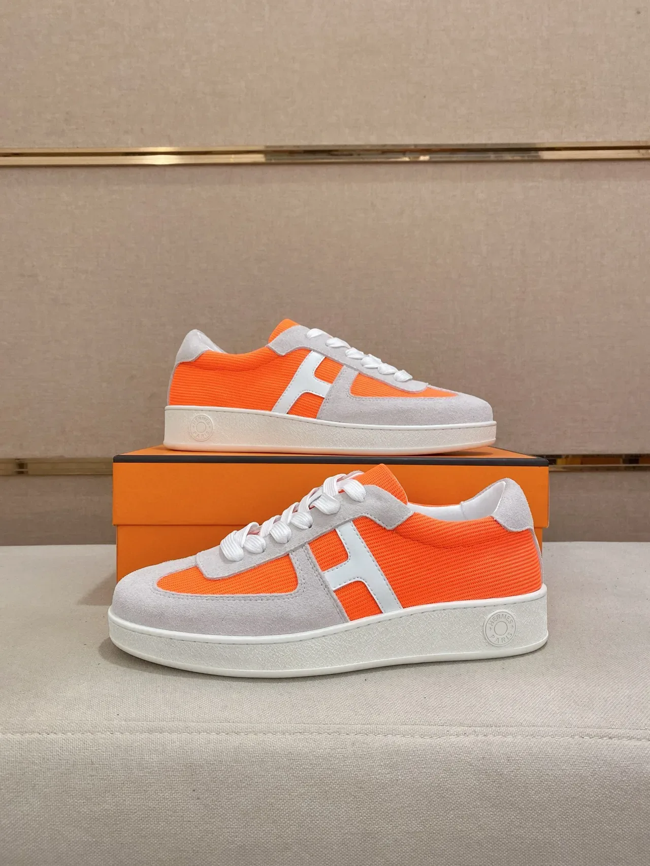 Hermès Orange Gray Low-Top Suede And Mesh Upper Lifestyle Sneakers 7