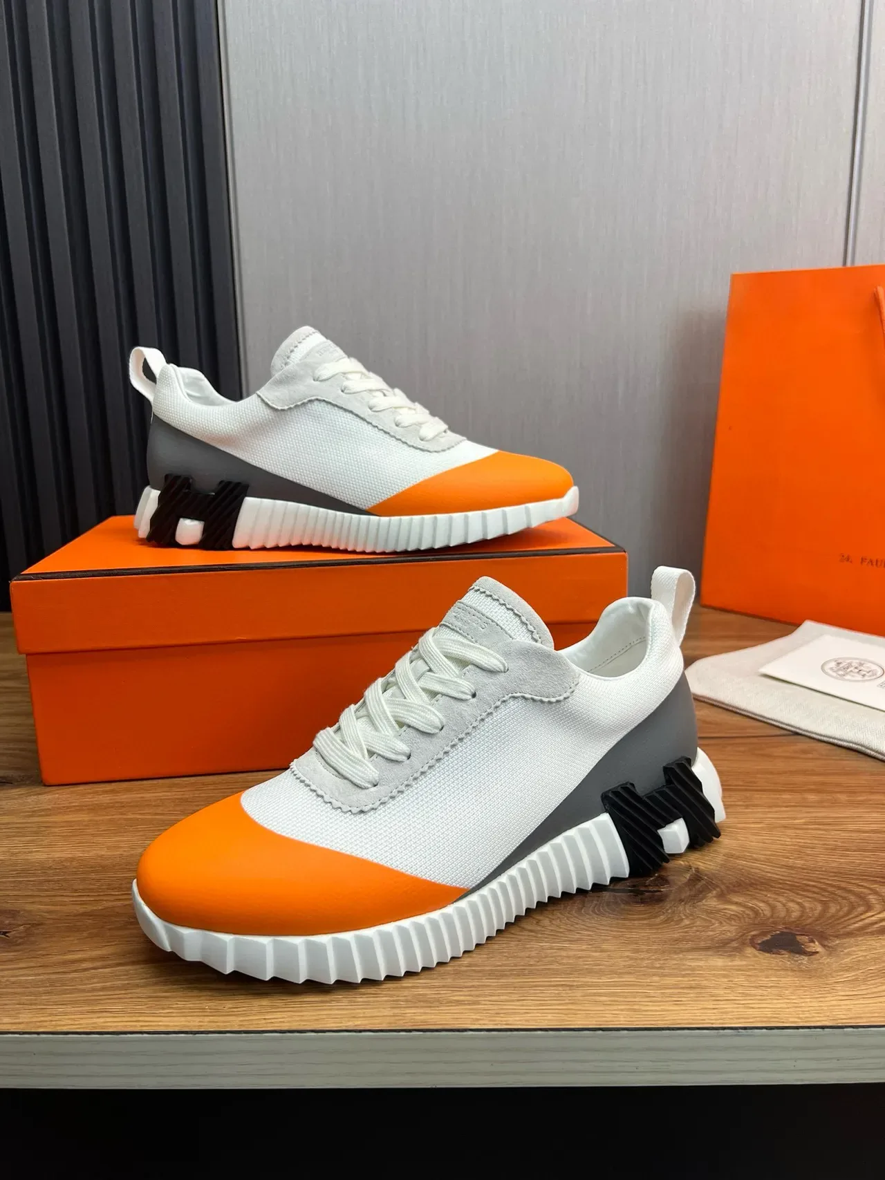Hermès Orange White Sculpted Ridged Midsole Toe Cap Lifestyle Sneakers 4