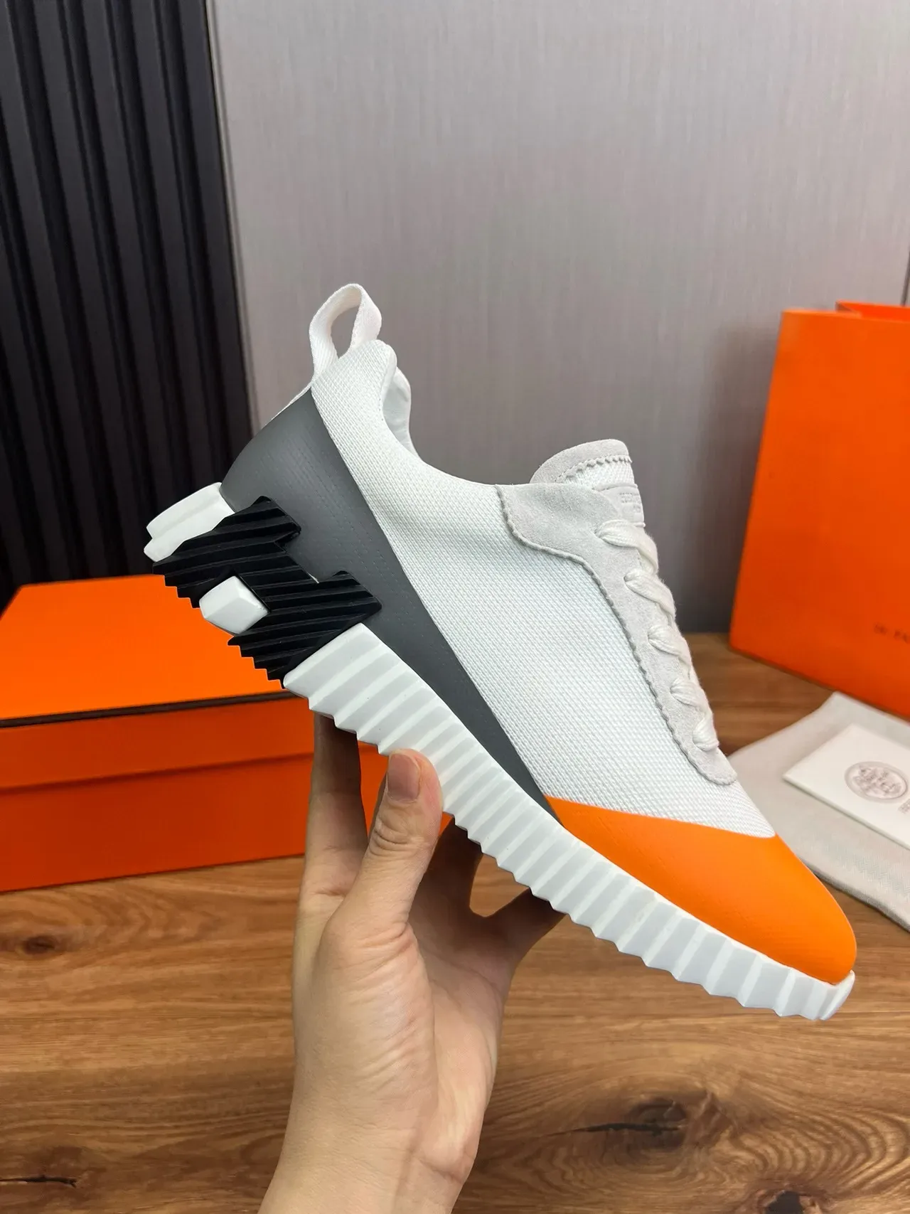 Hermès Orange White Sculpted Ridged Midsole Toe Cap Lifestyle Sneakers 7