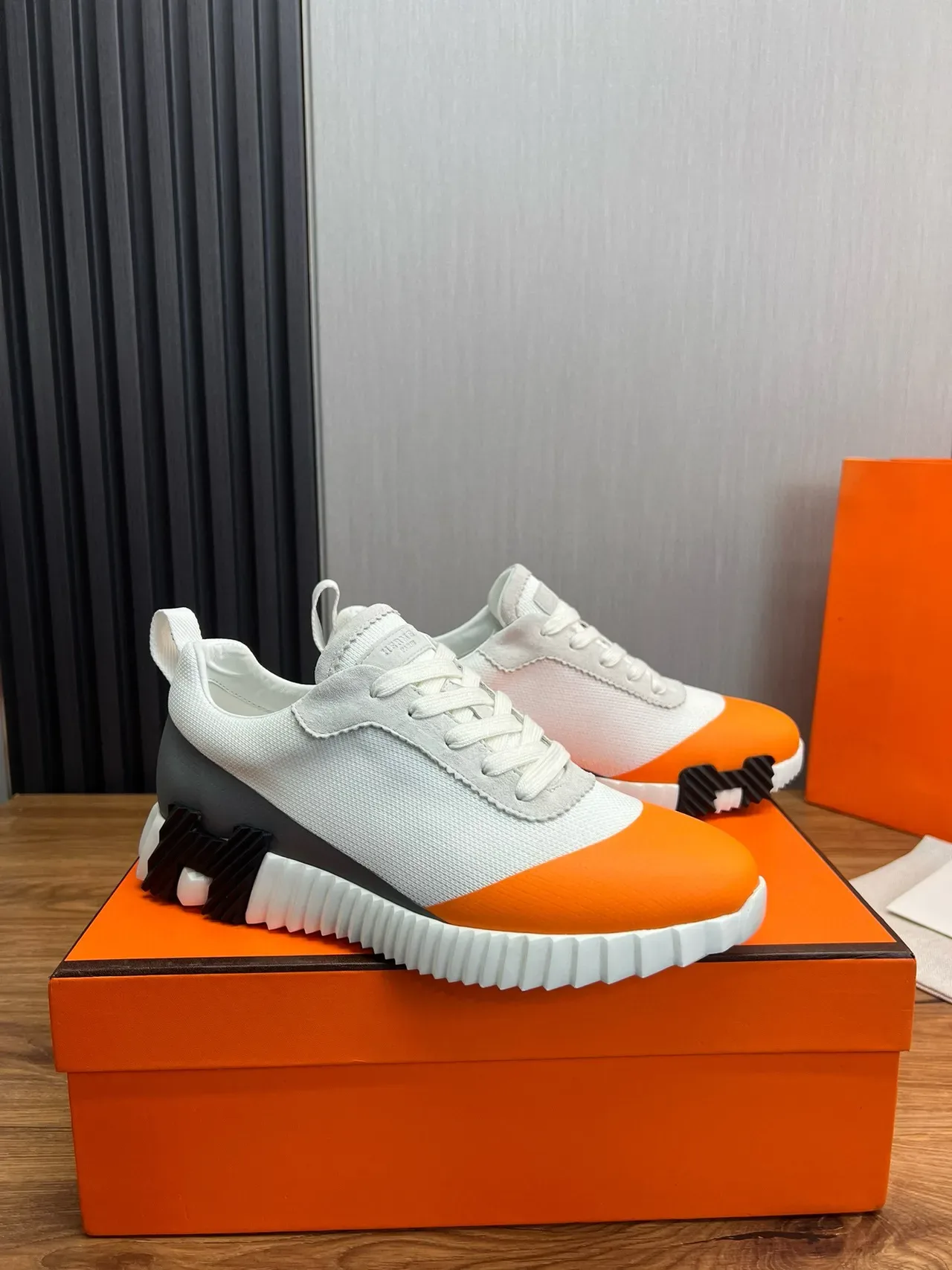 Hermès Orange White Sculpted Ridged Midsole Toe Cap Lifestyle Sneakers 10