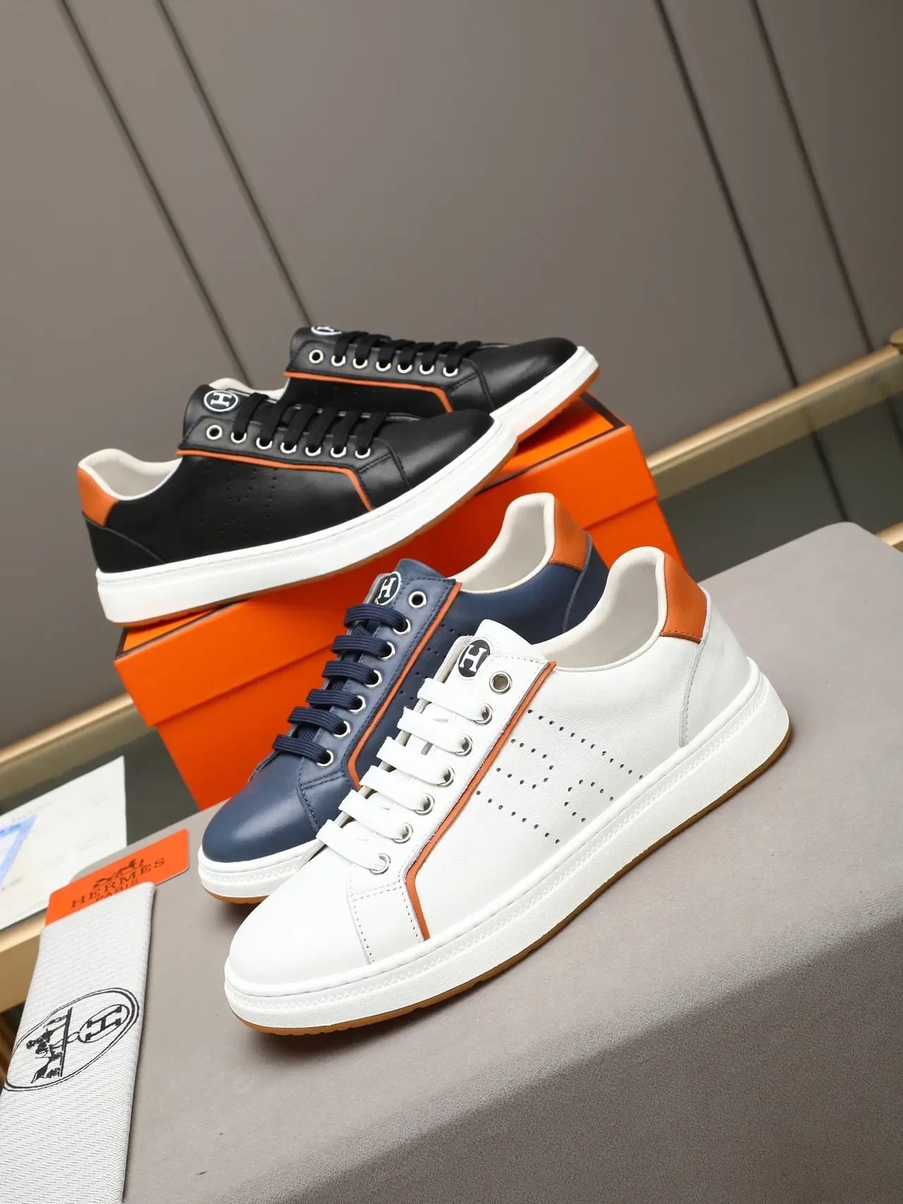 Hermès White and Orange Perforated Leather Lifestyle Sneakers 2
