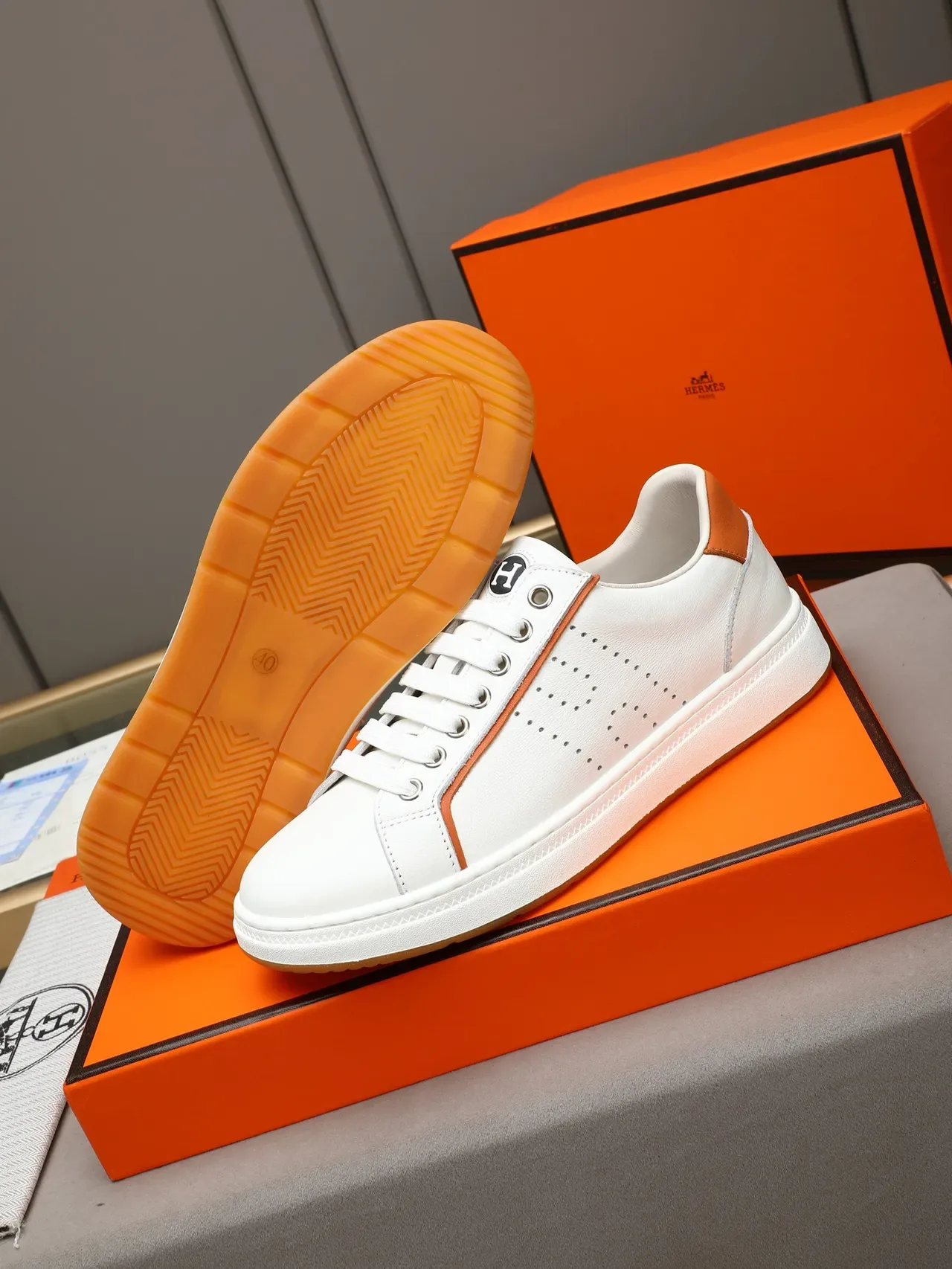 Hermès White and Orange Perforated Leather Lifestyle Sneakers 4
