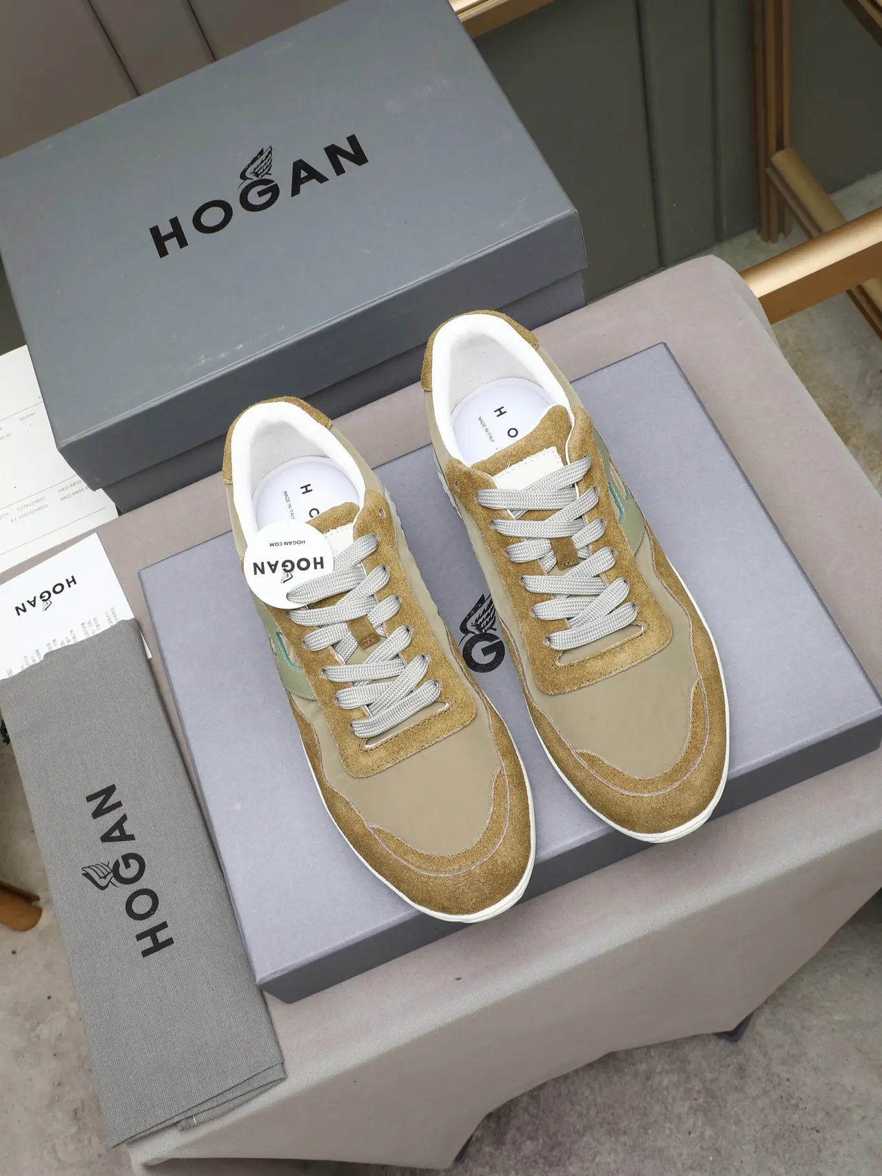Hogan Brown Green Mixed-Material Upper H-Shaped Side Panel Lifestyle Sneakers 3