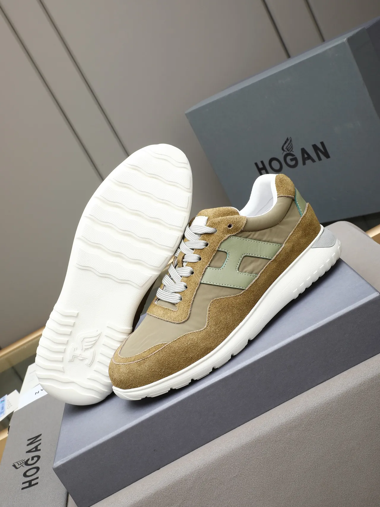 Hogan Brown Green Mixed-Material Upper H-Shaped Side Panel Lifestyle Sneakers 4
