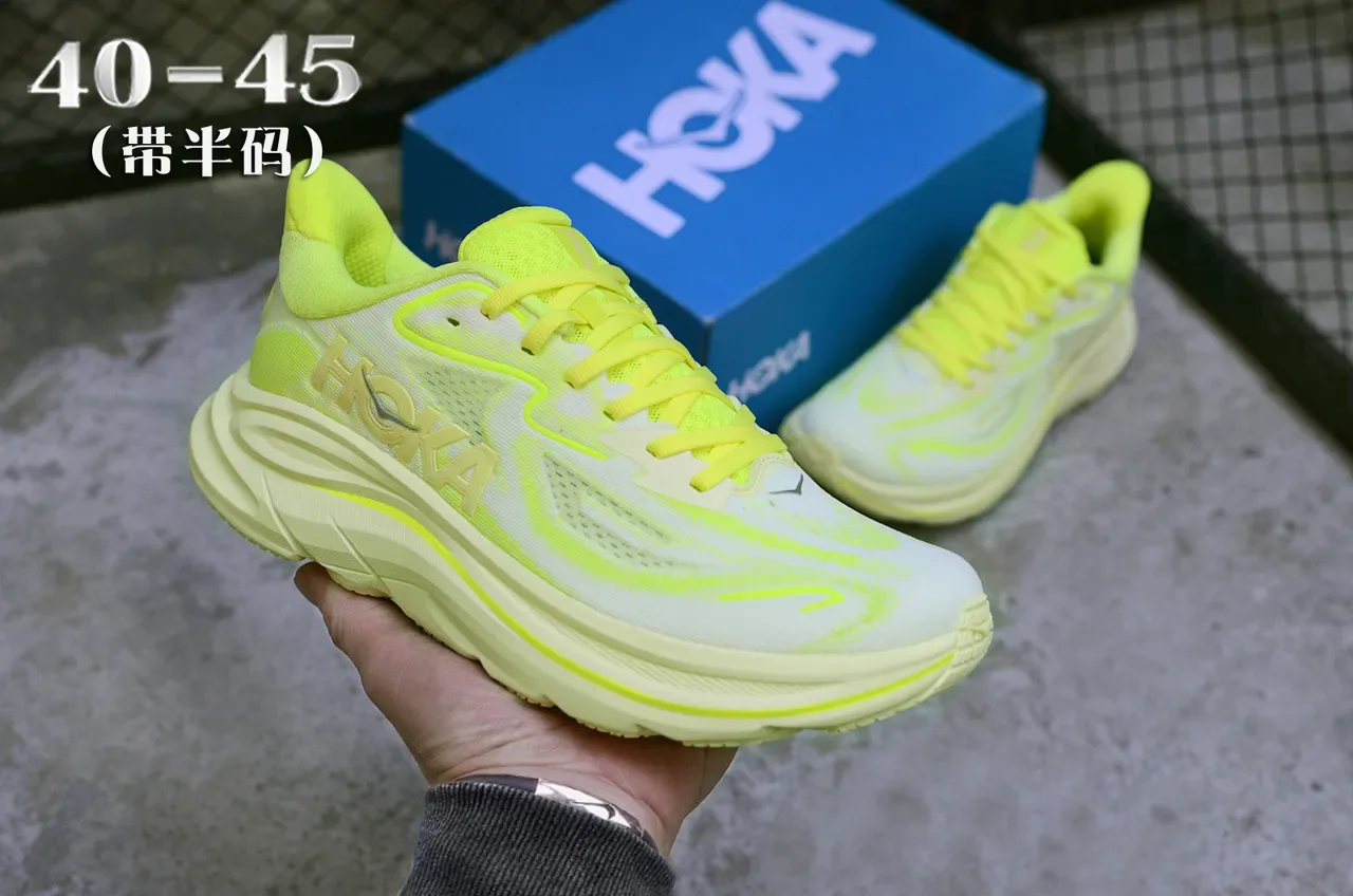 Hoka White Yellow Engineered Knit Upper Neon Accents Running Shoes 3