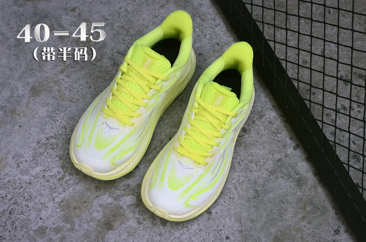 Hoka White Yellow Engineered Knit Upper Neon Accents Running Shoes 4