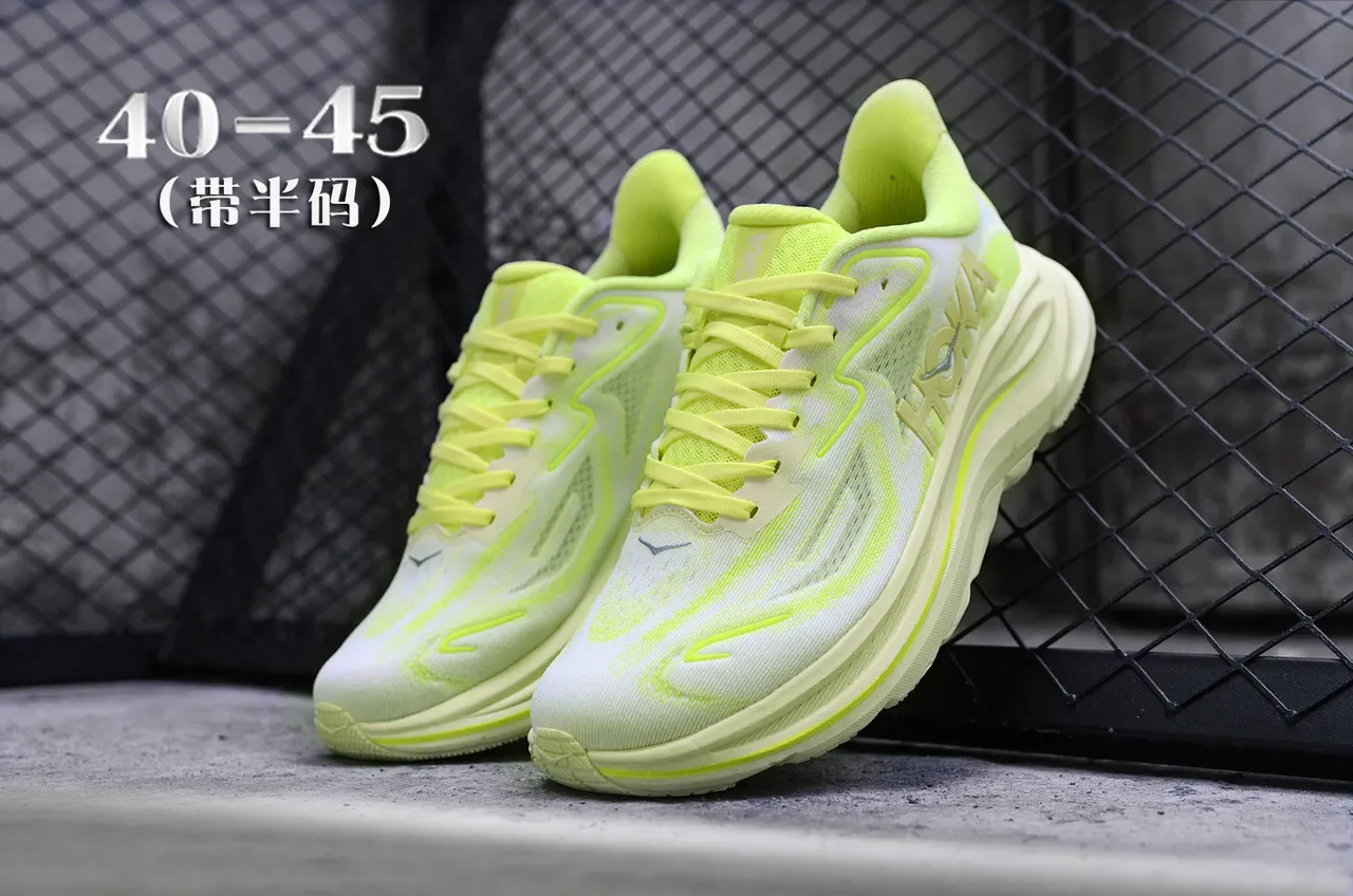 Hoka White Yellow Engineered Knit Upper Neon Accents Running Shoes 5