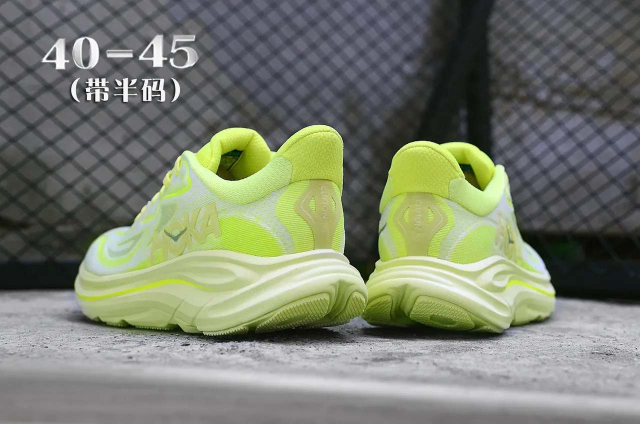 Hoka White Yellow Engineered Knit Upper Neon Accents Running Shoes 6