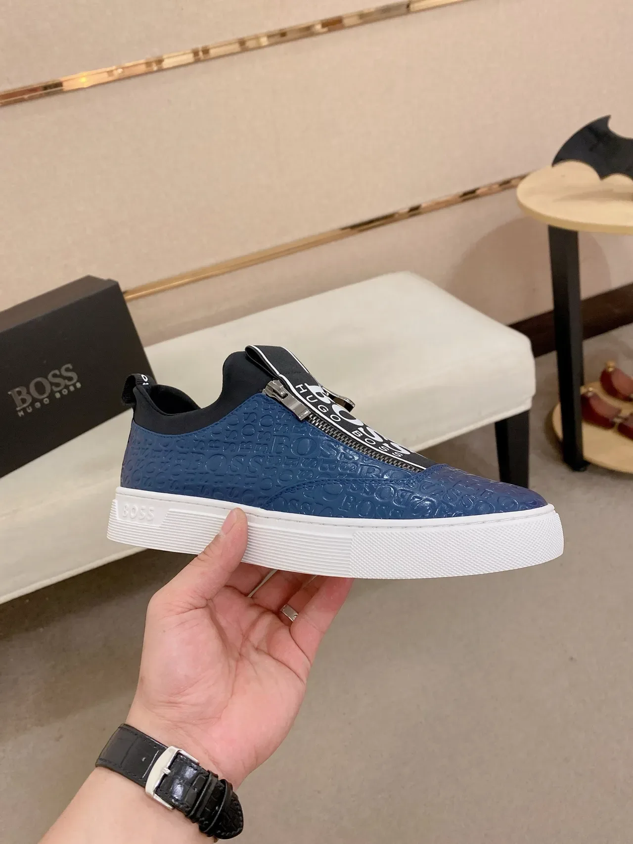 Hugo Boss Logo Slip-On Blue and White Lifestyle Sneakers 4
